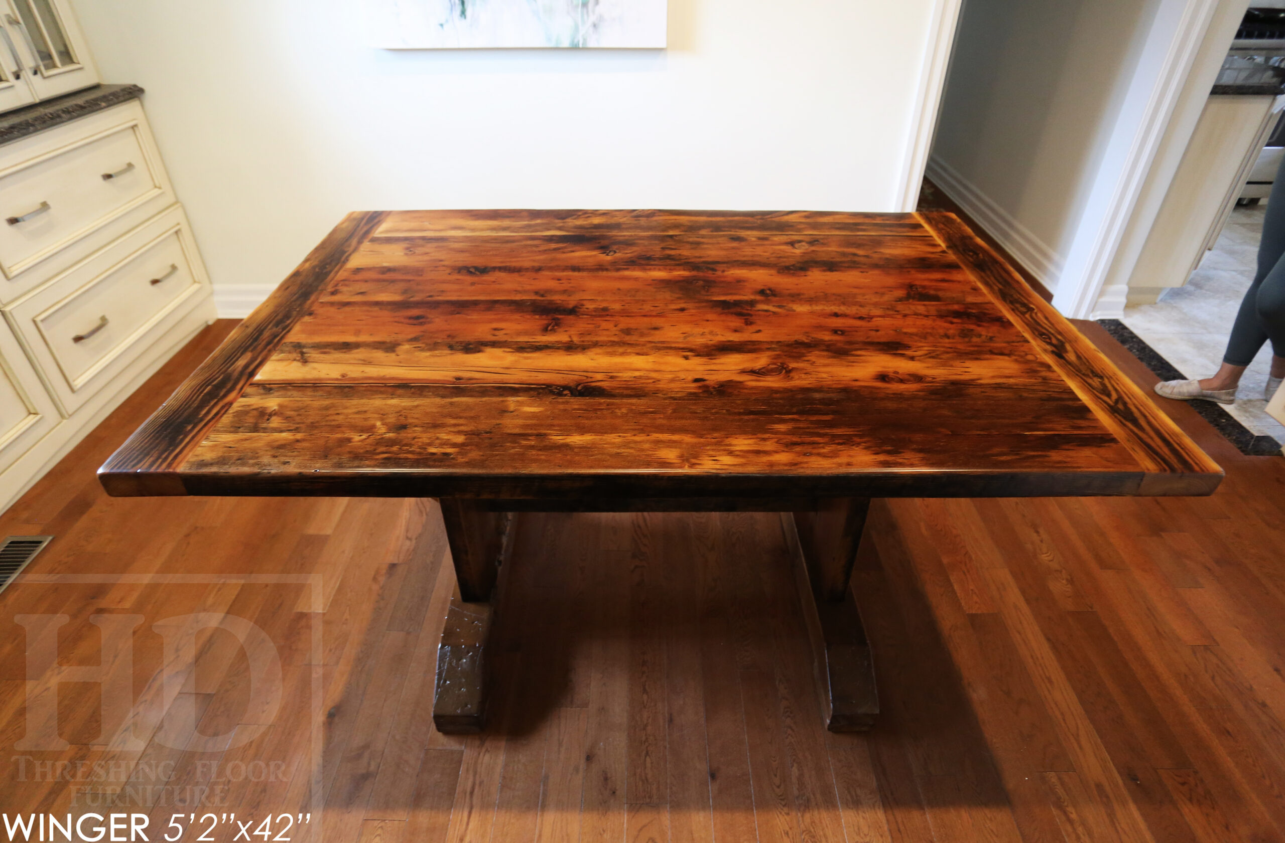 5' 2" Reclaimed Wood Table we made for a Breslau, Ontario home - 42" wide - Trestle Base - Old Growth Hemlock Threshing Floor Construction - Original edges & distressing maintained - Premium epoxy + satin polyurethane finish - www.table.ca