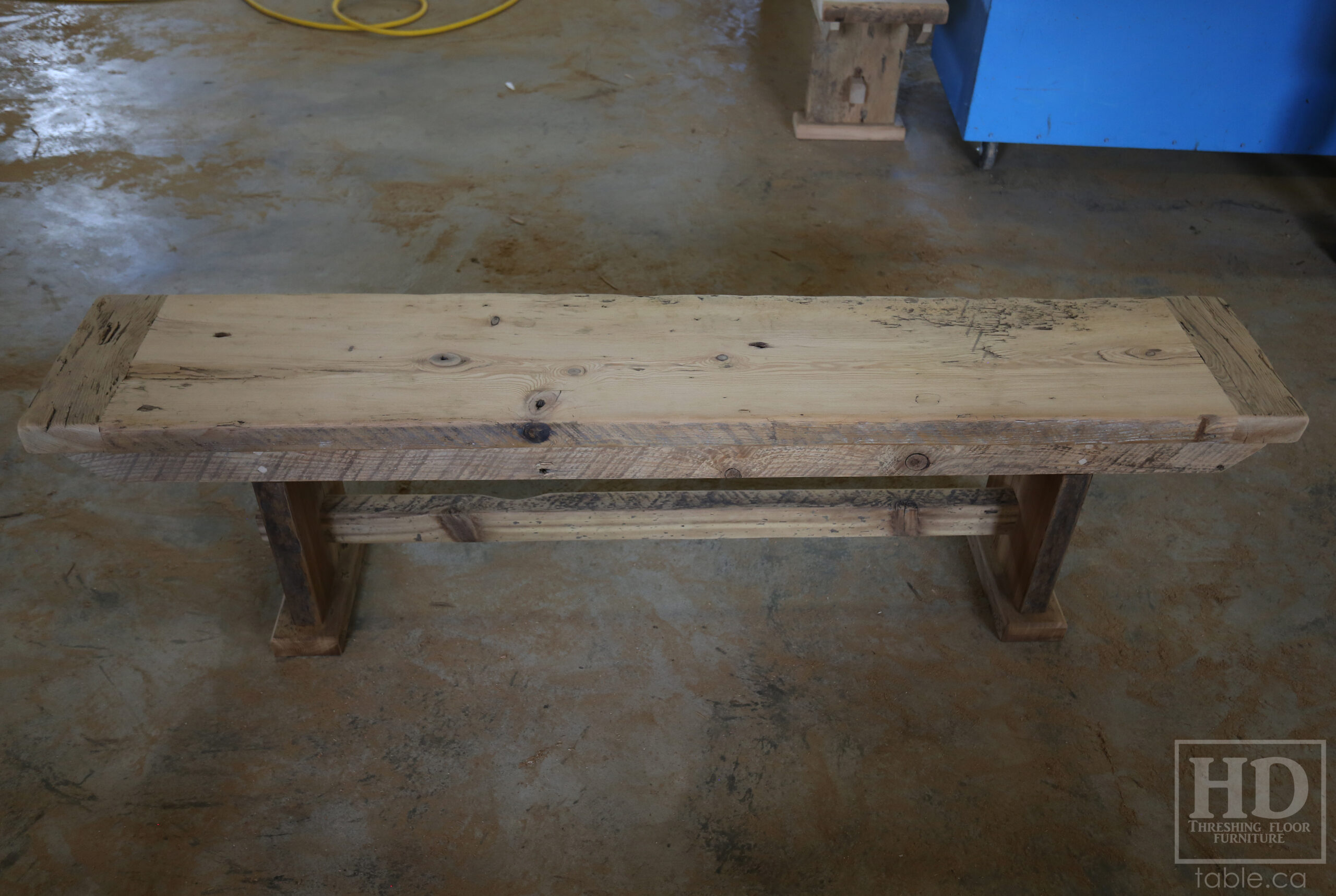 5.5' Reclaimed Wood Table we made for an Ontario home - 38" wide - Sawbuck Base / Painted Black - Old Growth Hemlock Threshing Floor Construction - Original edges & distressing maintained - Premium epoxy + satin polyurethane finish - 5' Trestle Bench - www.table.ca