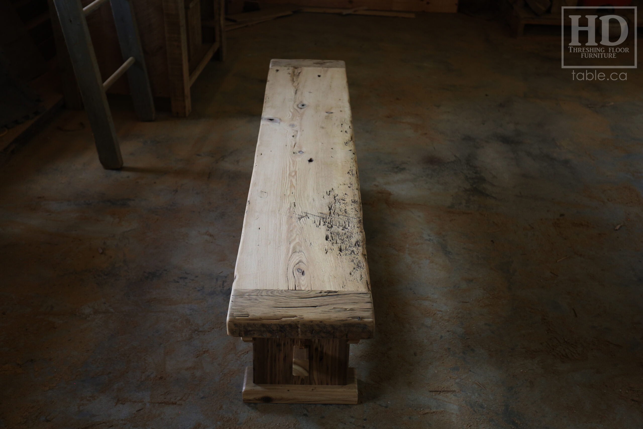 5.5' Reclaimed Wood Table we made for an Ontario home - 38" wide - Sawbuck Base / Painted Black - Old Growth Hemlock Threshing Floor Construction - Original edges & distressing maintained - Premium epoxy + satin polyurethane finish - 5' Trestle Bench - www.table.ca