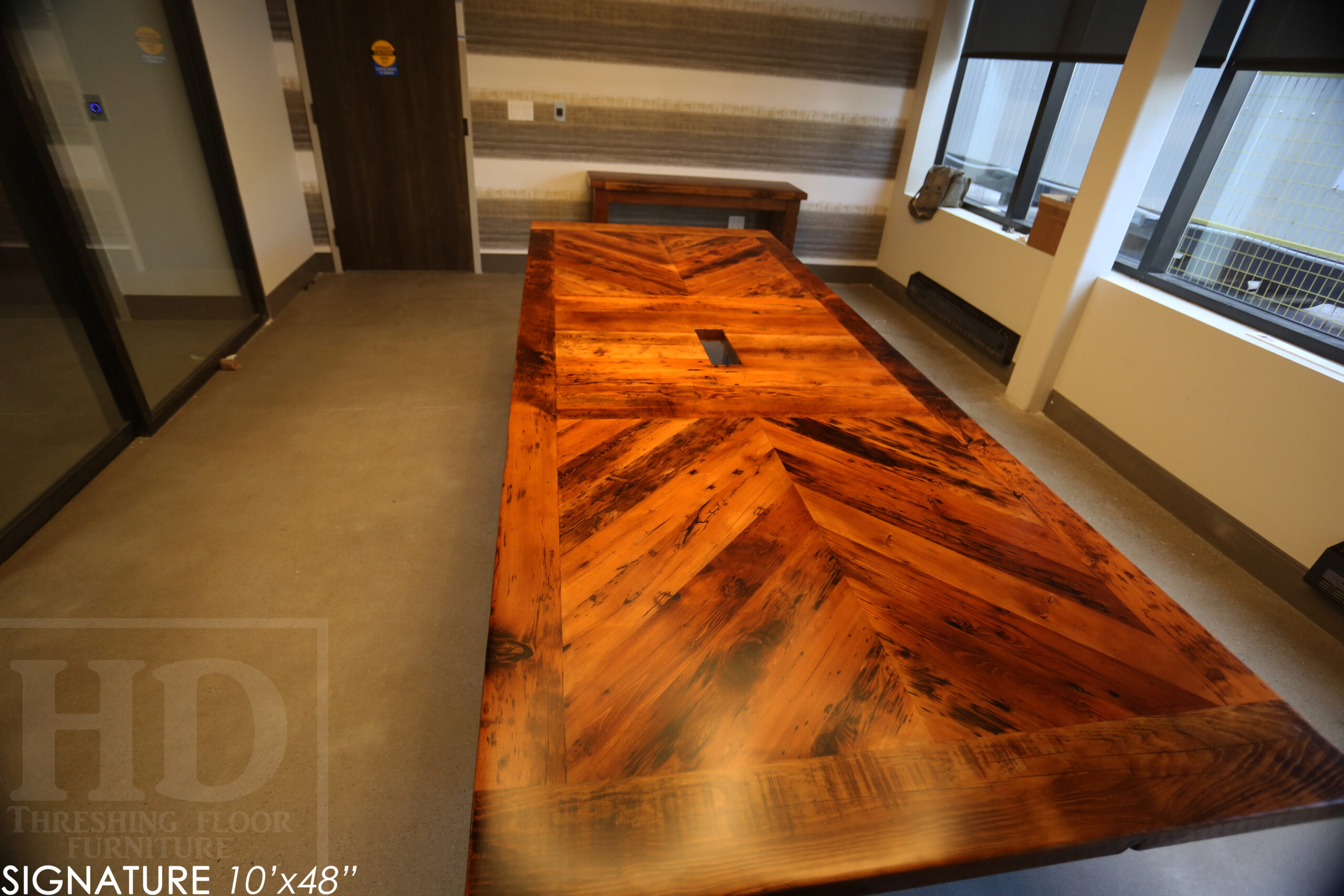 10' Reclaimed wood boardroom table made for a Maple, ON company - 48" wide - Hemlock Threshing Floor Construction - Original edges & distressing maintained - Customized joinery - Premium epoxy + satin polyurethane finish - Stainless Steel Base - www.table.ca