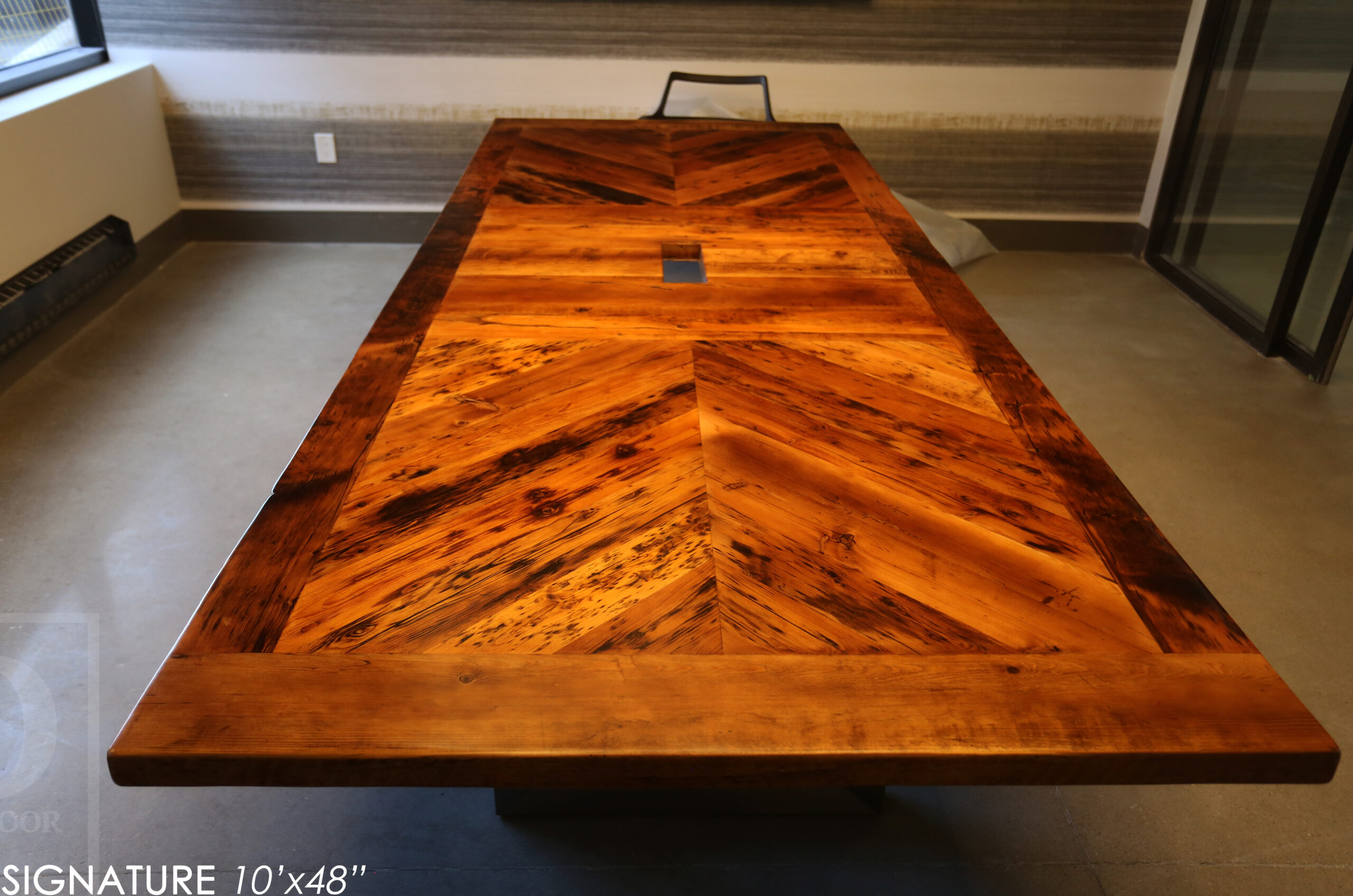 10' Reclaimed wood boardroom table made for a Maple, ON company - 48" wide - Hemlock Threshing Floor Construction - Original edges & distressing maintained - Customized joinery - Premium epoxy + satin polyurethane finish - Stainless Steel Base - www.table.ca