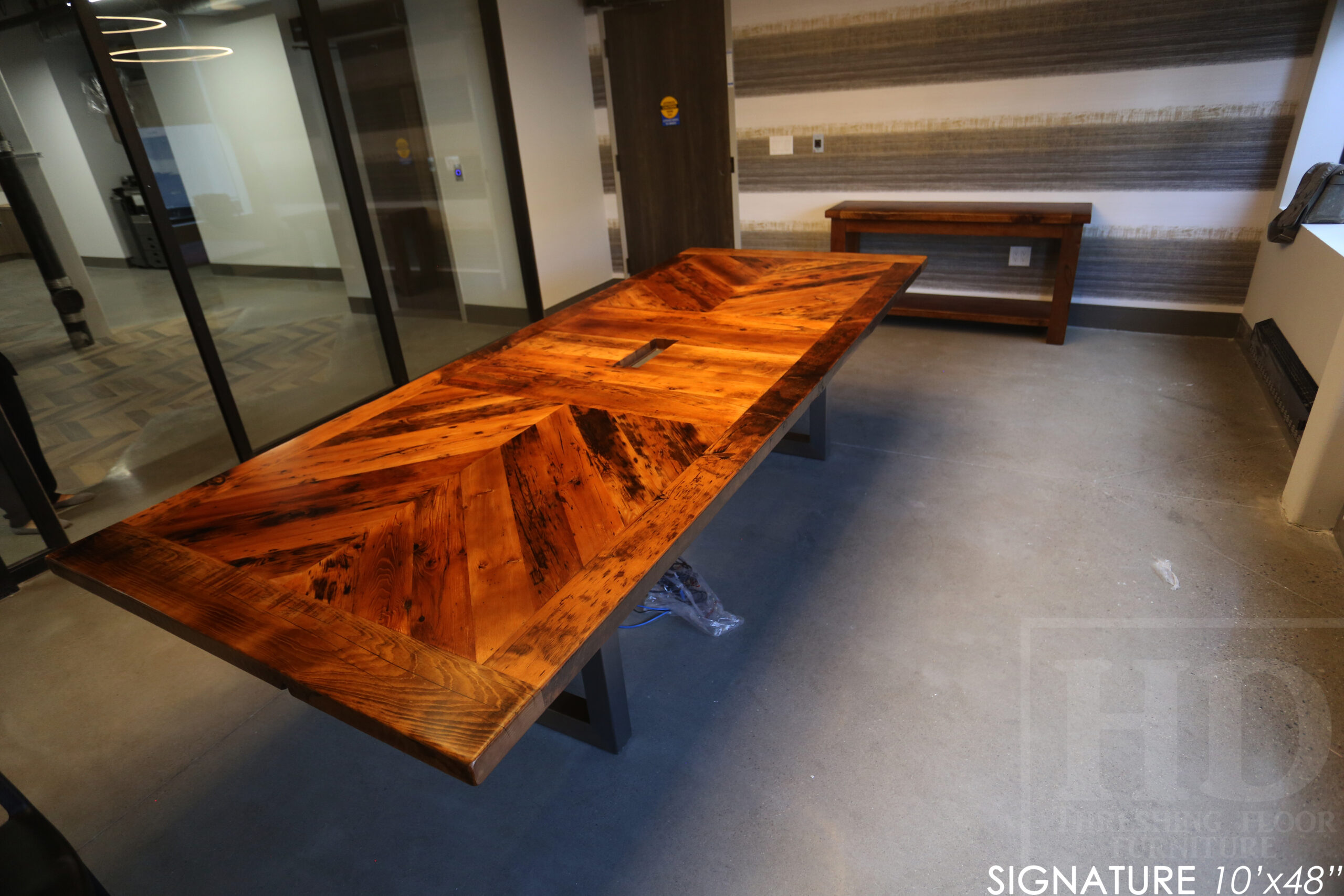 10' Reclaimed wood boardroom table made for a Maple, ON company - 48" wide - Hemlock Threshing Floor Construction - Original edges & distressing maintained - Customized joinery - Premium epoxy + satin polyurethane finish - Stainless Steel Base - www.table.ca