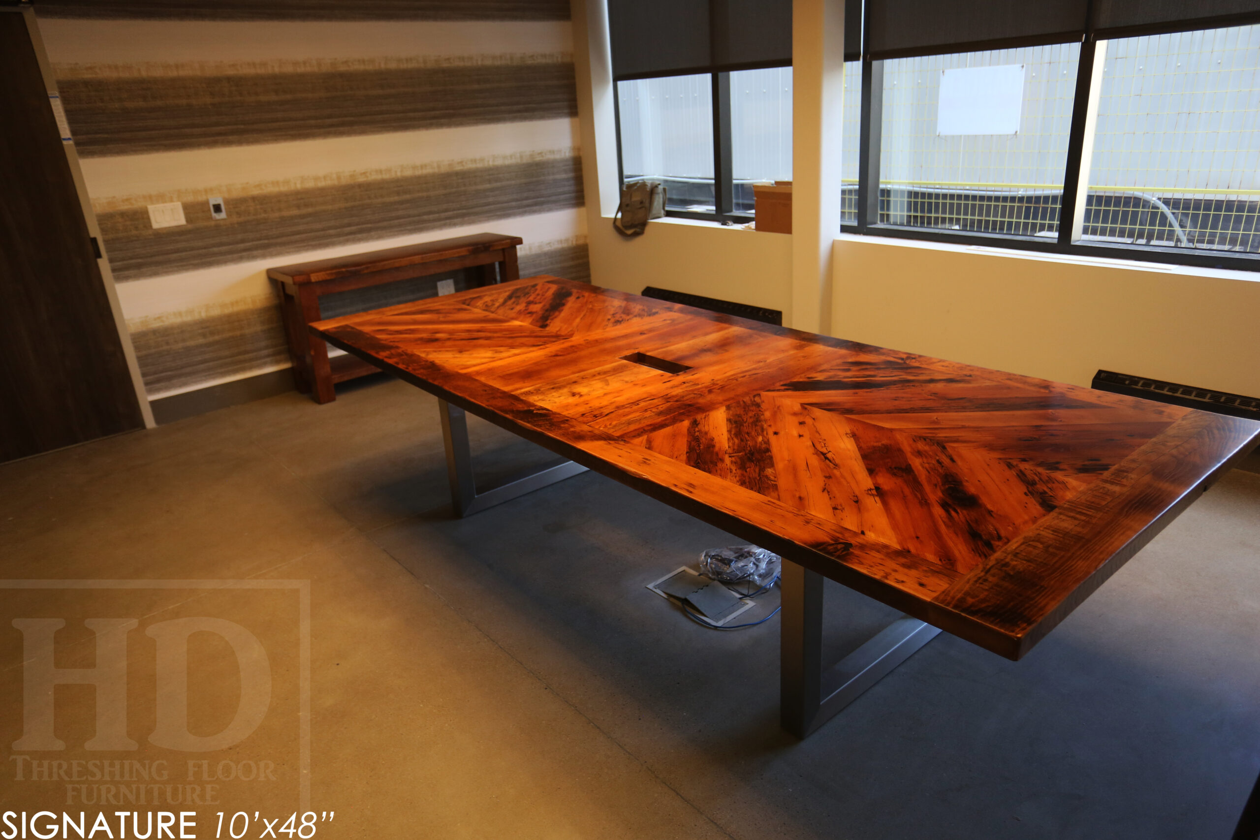 10' Reclaimed wood boardroom table made for a Maple, ON company - 48" wide - Hemlock Threshing Floor Construction - Original edges & distressing maintained - Customized joinery - Premium epoxy + satin polyurethane finish - Stainless Steel Base - www.table.ca