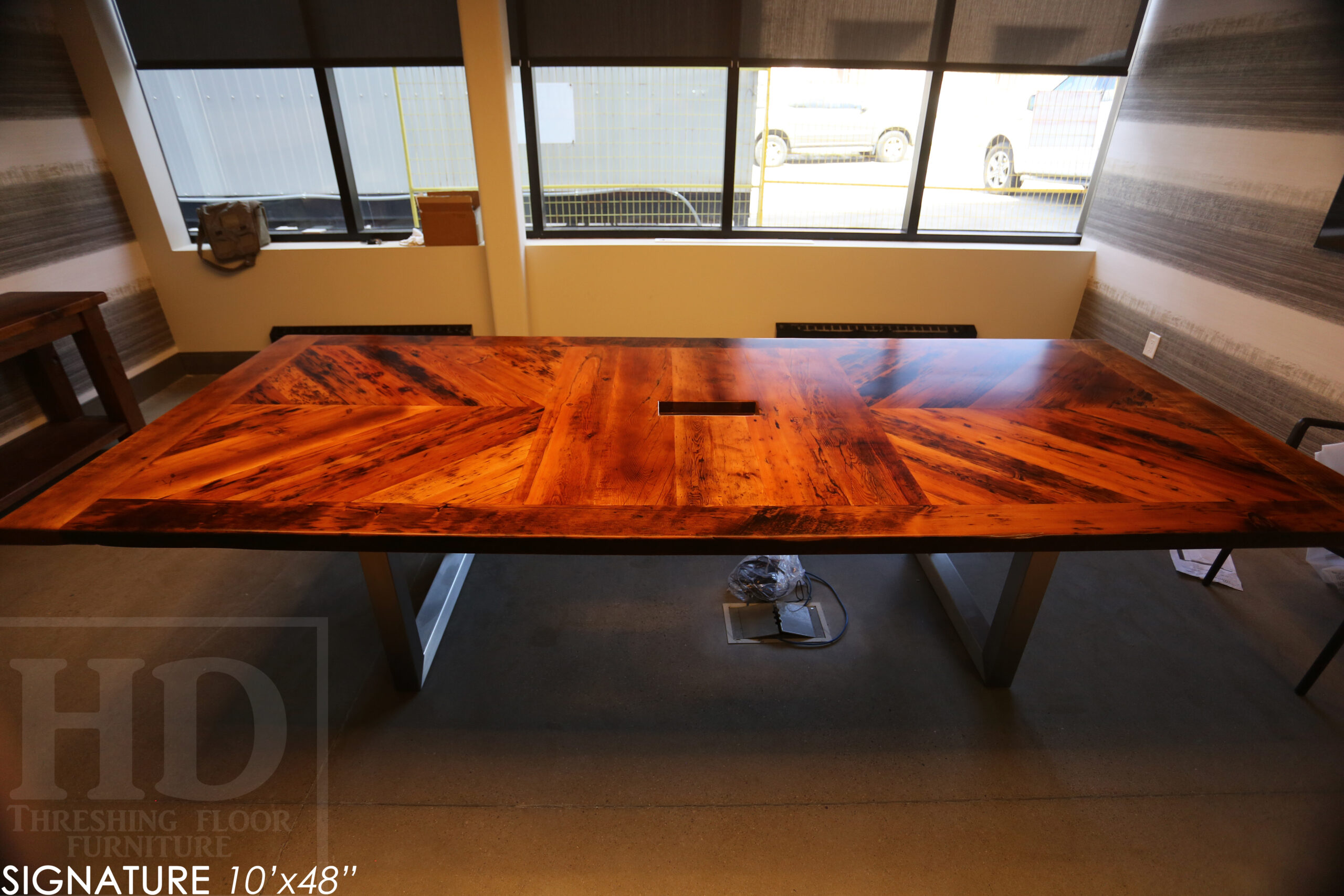 10' Reclaimed wood boardroom table made for a Maple, ON company - 48" wide - Hemlock Threshing Floor Construction - Original edges & distressing maintained - Customized joinery - Premium epoxy + satin polyurethane finish - Stainless Steel Base - www.table.ca