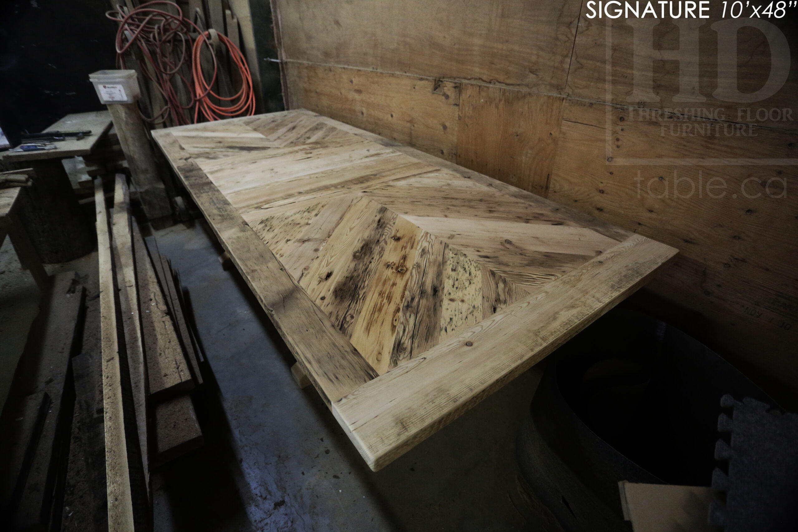 10' Reclaimed wood boardroom table made for a Maple, ON company - 48" wide - Hemlock Threshing Floor Construction - Original edges & distressing maintained - Customized joinery - Premium epoxy + satin polyurethane finish - Stainless Steel Base - www.table.ca