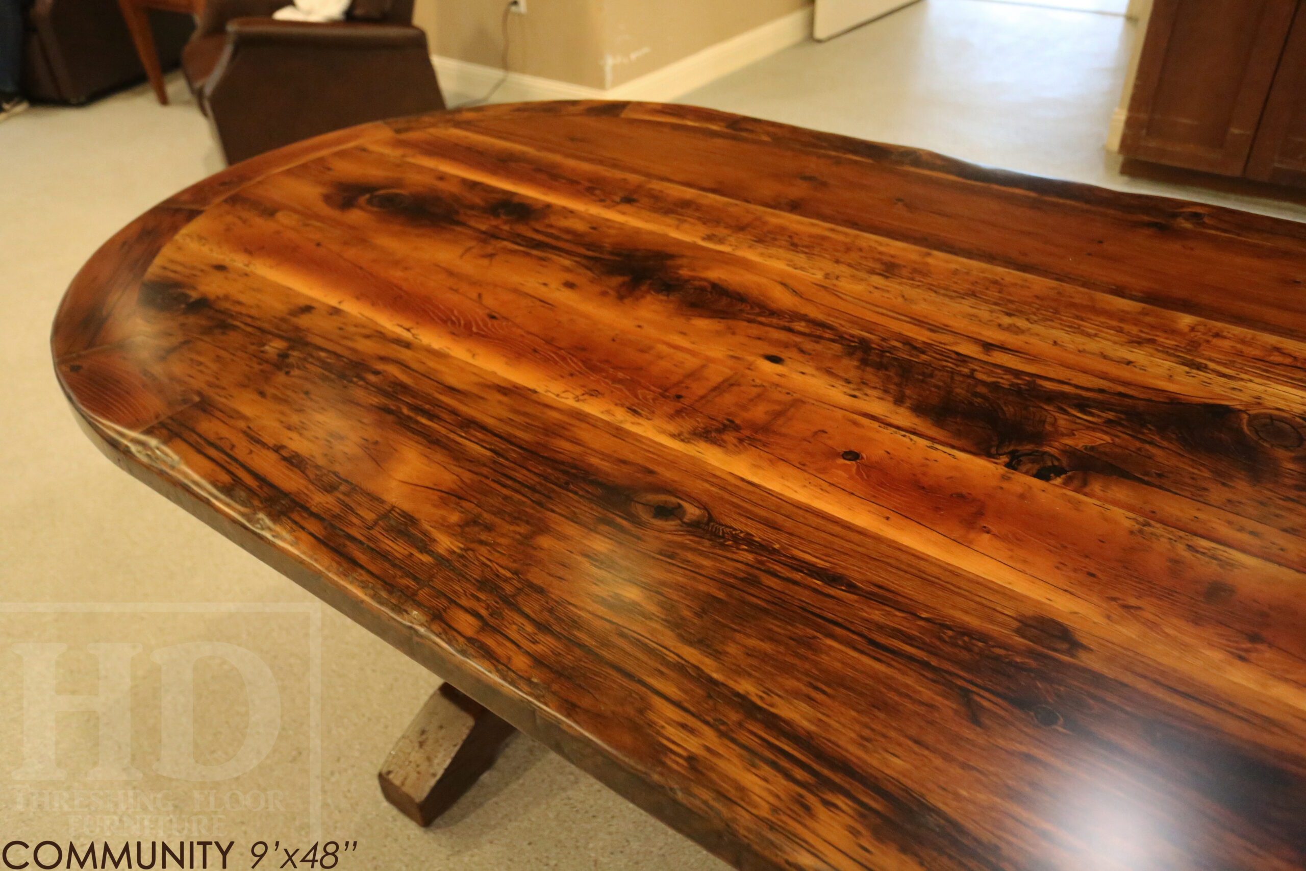 9' Ontario barnwood Oval table we made for an Port Hope, Ontario community centre - 48" wide - Hand-Hewn Beam Pedestals Base - 2" Hemlock Threshing Floor Top - Original edges & distressing maintained - Premium epoxy + satin polyurethane finish - www.table.ca