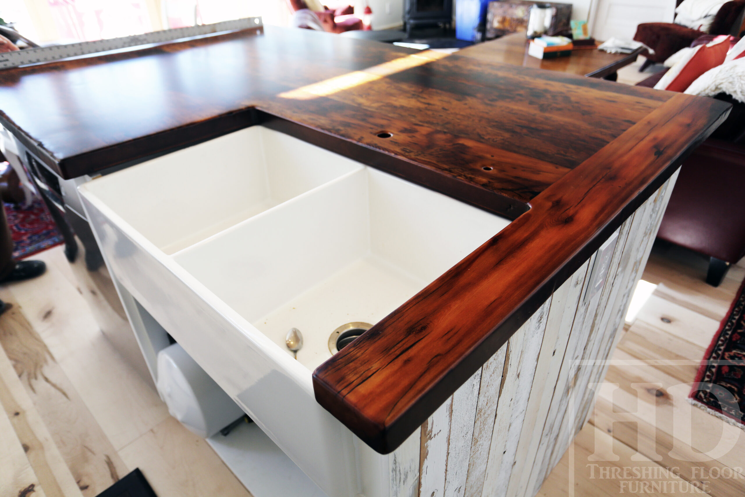 Custom Reclaimed Wood Island Top we made for a Wasaga Beach, Ontario Home - 2" Hemlock Threshing Floor Construction - Original Ontario barnwood edges & distressing maintained - Premium epoxy + satin polyurethane finish - www.table.ca