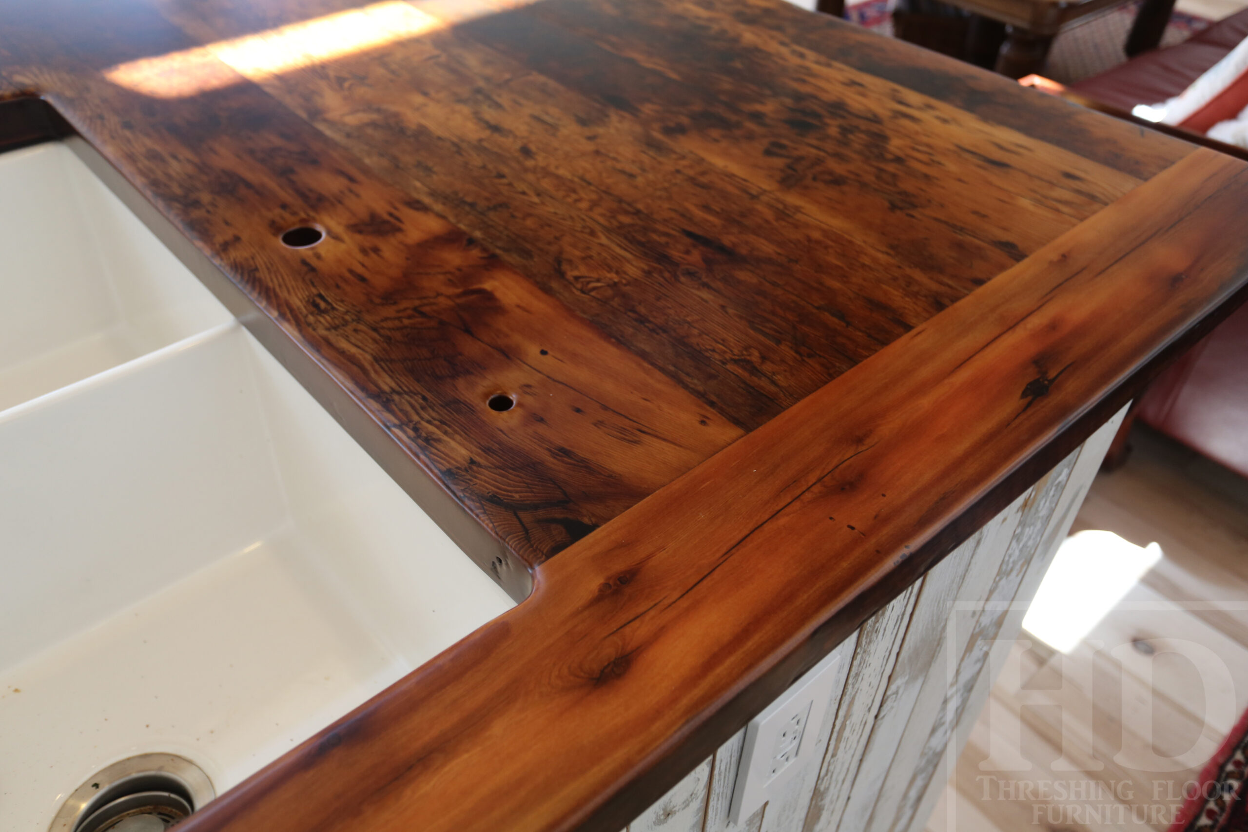 Custom Reclaimed Wood Island Top we made for a Wasaga Beach, Ontario Home - 2" Hemlock Threshing Floor Construction - Original Ontario barnwood edges & distressing maintained - Premium epoxy + satin polyurethane finish - www.table.ca