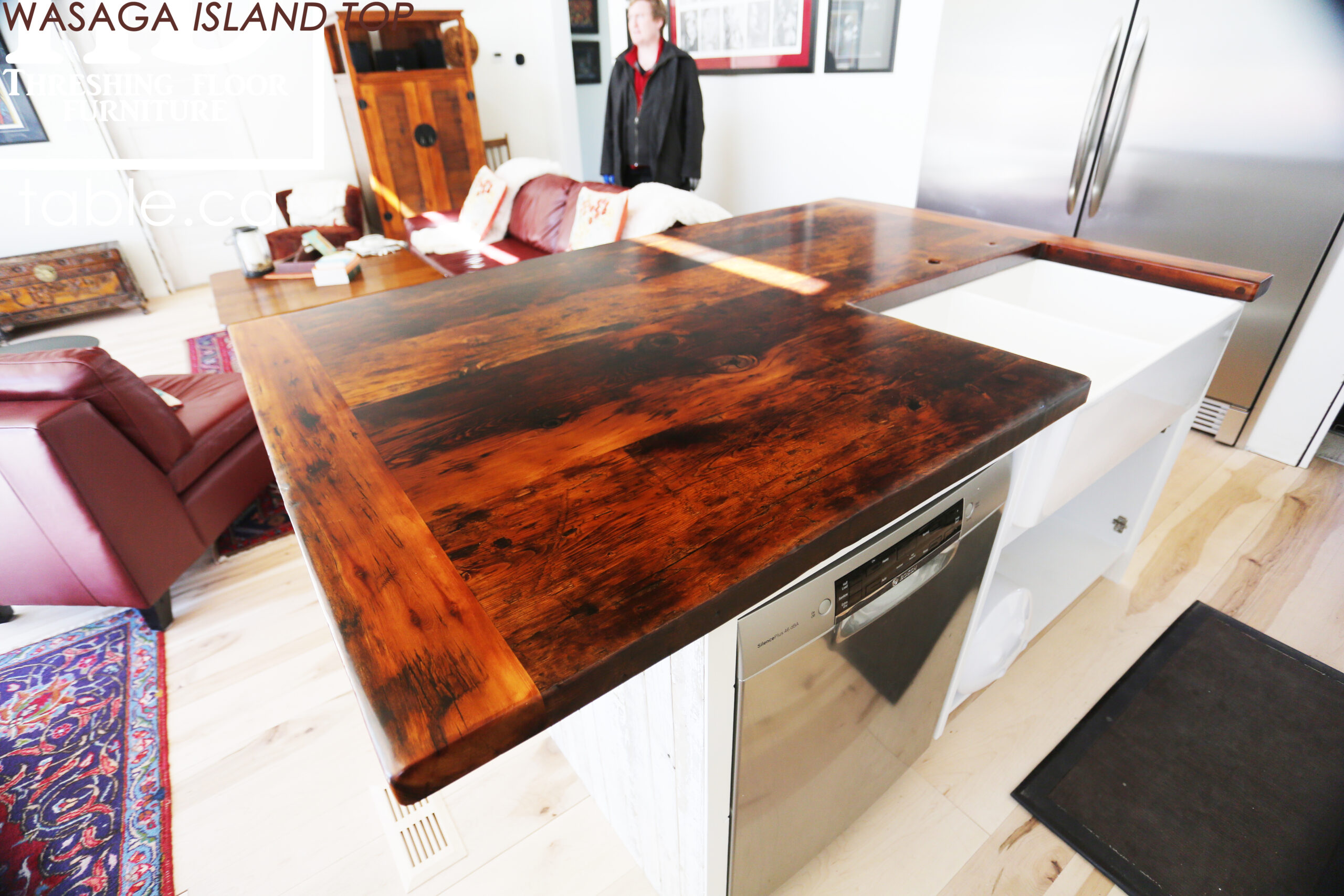 Custom Reclaimed Wood Island Top we made for a Wasaga Beach, Ontario Home - 2" Hemlock Threshing Floor Construction - Original Ontario barnwood edges & distressing maintained - Premium epoxy + satin polyurethane finish - www.table.ca