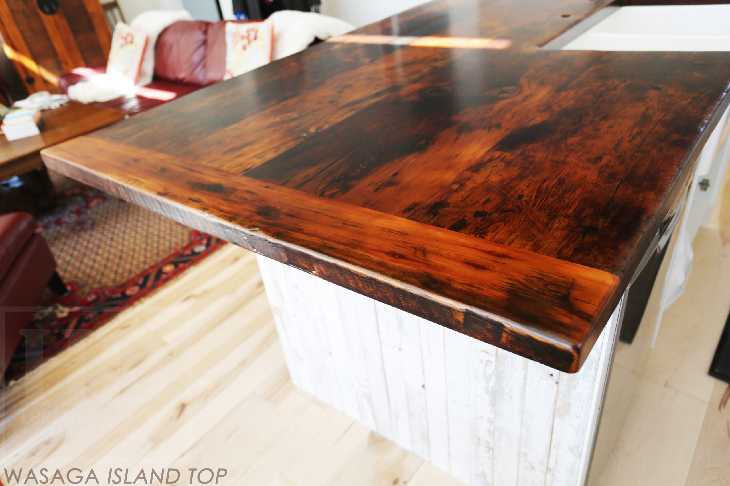 Custom Reclaimed Wood Island Top - 2" Hemlock Threshing Floor Construction - Original Ontario barnwood edges & distressing maintained - Premium epoxy + satin polyurethane finish - www.table.ca