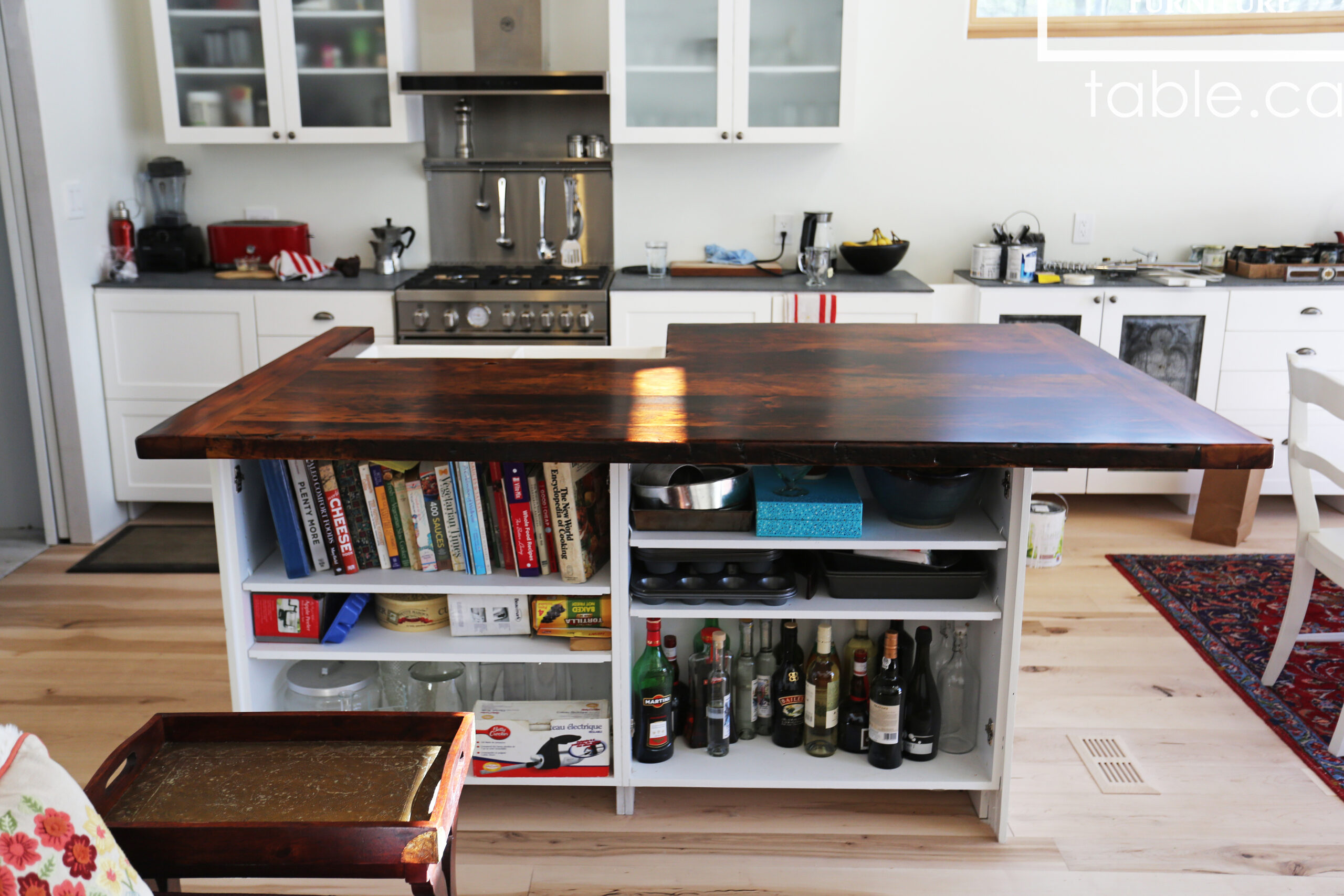 Custom Reclaimed Wood Island Top we made for a Wasaga Beach, Ontario Home - 2" Hemlock Threshing Floor Construction - Original Ontario barnwood edges & distressing maintained - Premium epoxy + satin polyurethane finish - www.table.ca