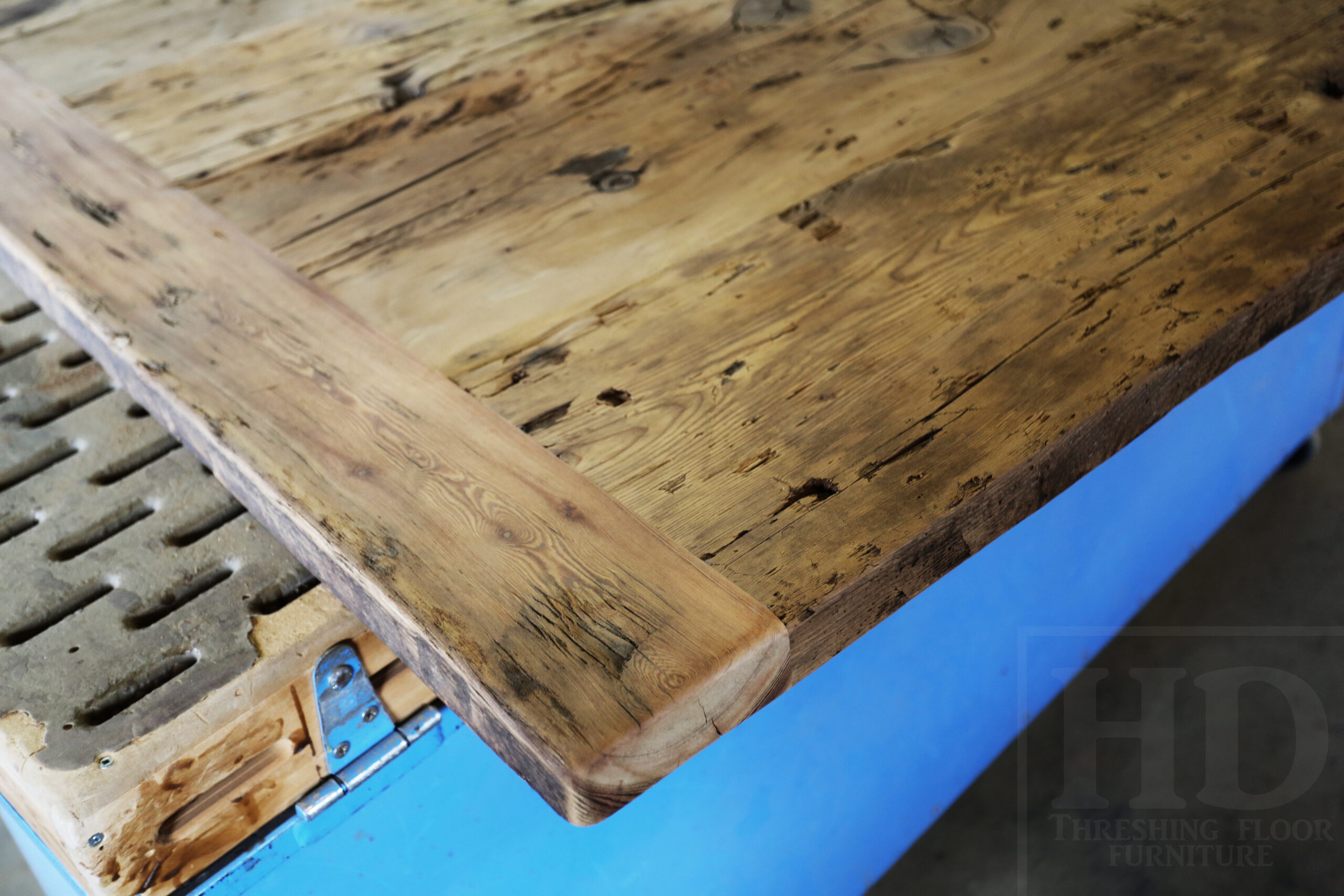 Custom Reclaimed Wood Island Top we made for a Wasaga Beach, Ontario Home - 2" Hemlock Threshing Floor Construction - Original Ontario barnwood edges & distressing maintained - Premium epoxy + satin polyurethane finish - www.table.ca