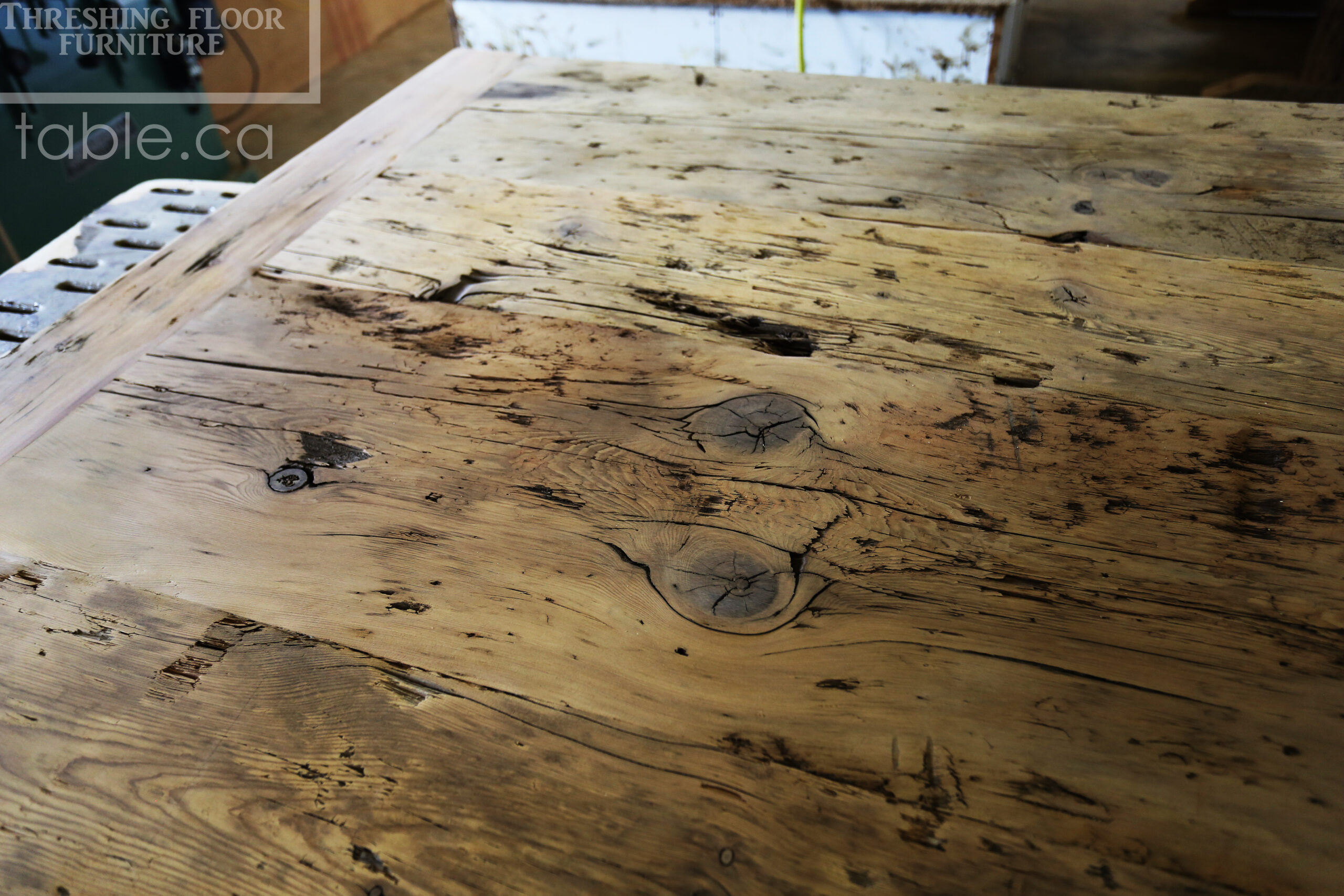 Custom Reclaimed Wood Island Top we made for a Wasaga Beach, Ontario Home - 2" Hemlock Threshing Floor Construction - Original Ontario barnwood edges & distressing maintained - Premium epoxy + satin polyurethane finish - www.table.ca