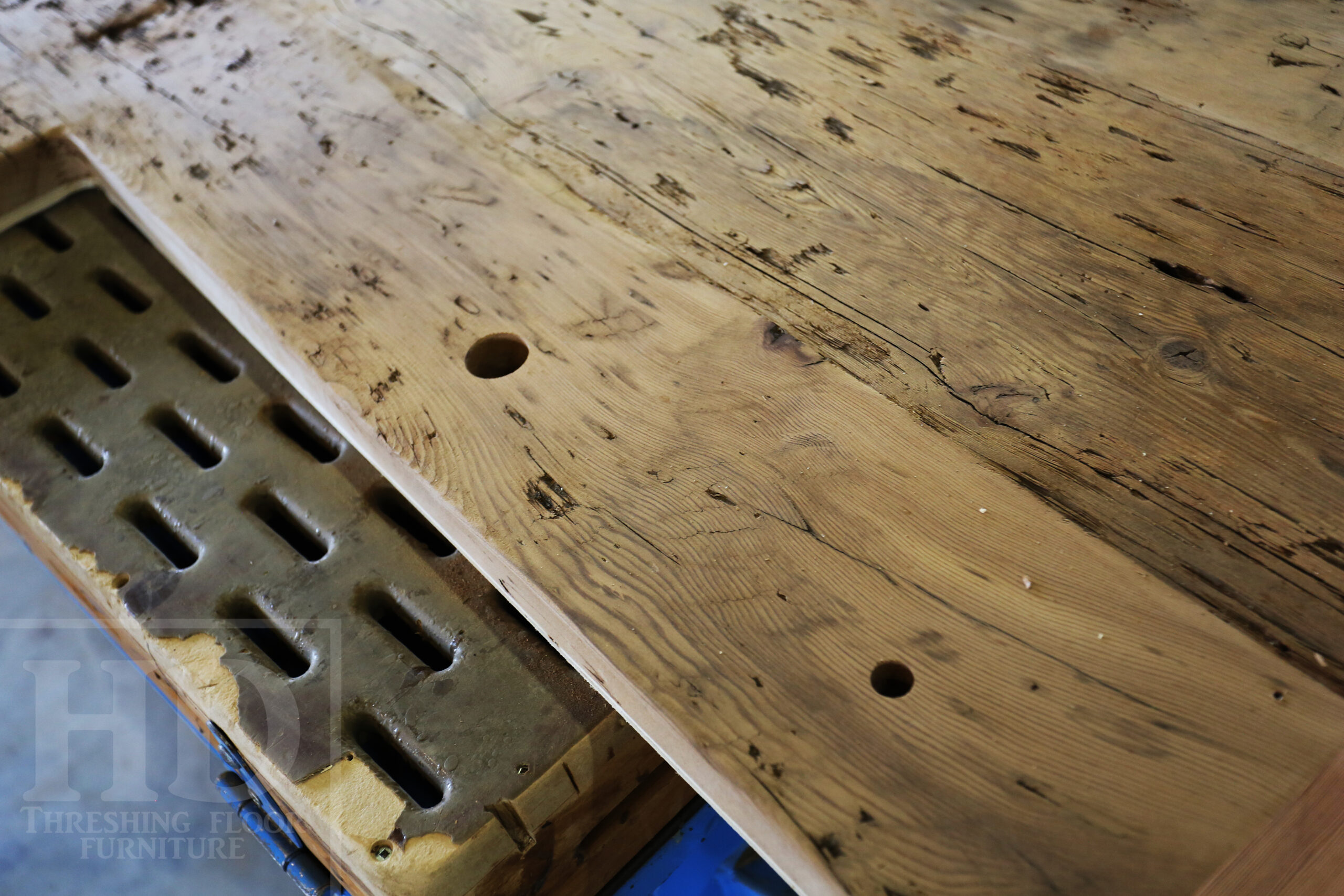 Custom Reclaimed Wood Island Top we made for a Wasaga Beach, Ontario Home - 2" Hemlock Threshing Floor Construction - Original Ontario barnwood edges & distressing maintained - Premium epoxy + satin polyurethane finish - www.table.ca