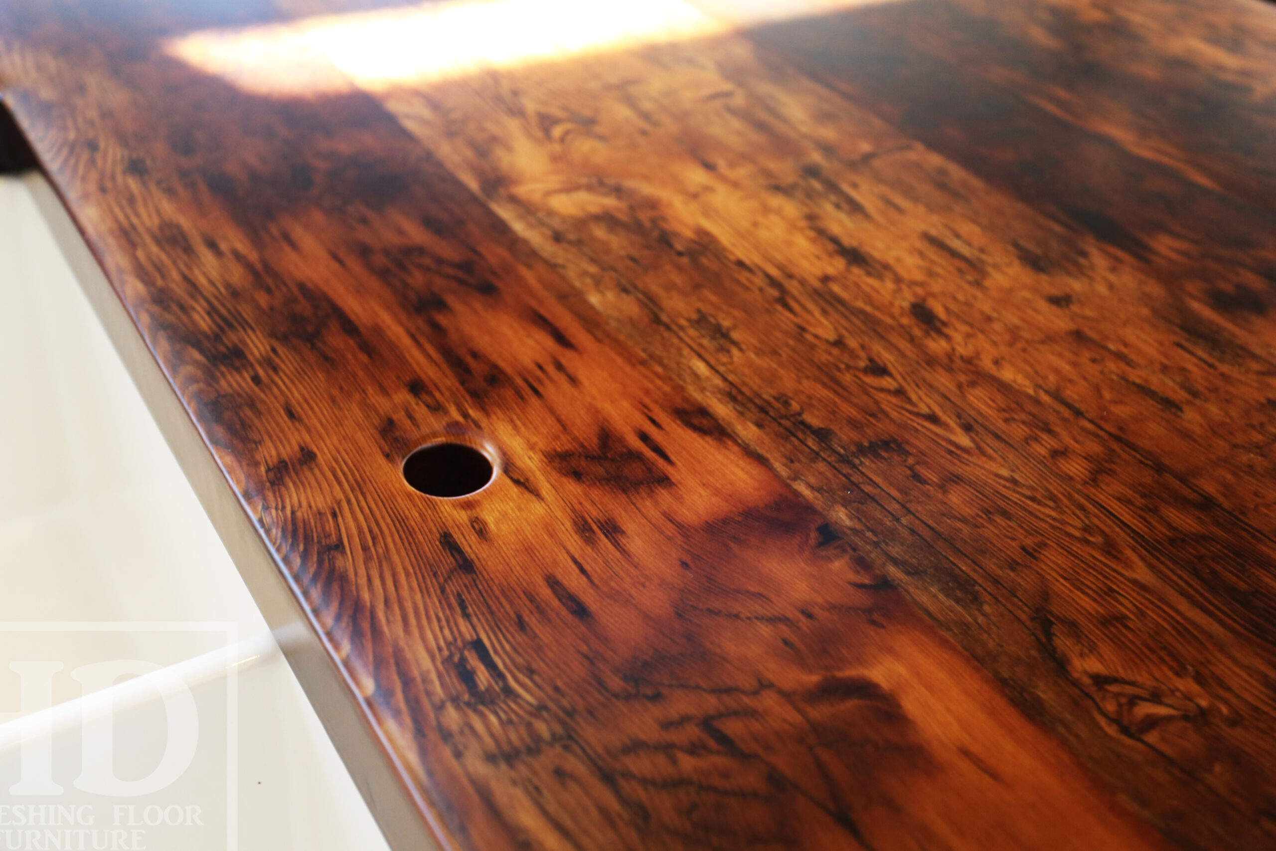 Custom Reclaimed Wood Island Top - 2" Hemlock Threshing Floor Construction - Original Ontario barnwood edges & distressing maintained - Premium epoxy + satin polyurethane finish - www.table.ca