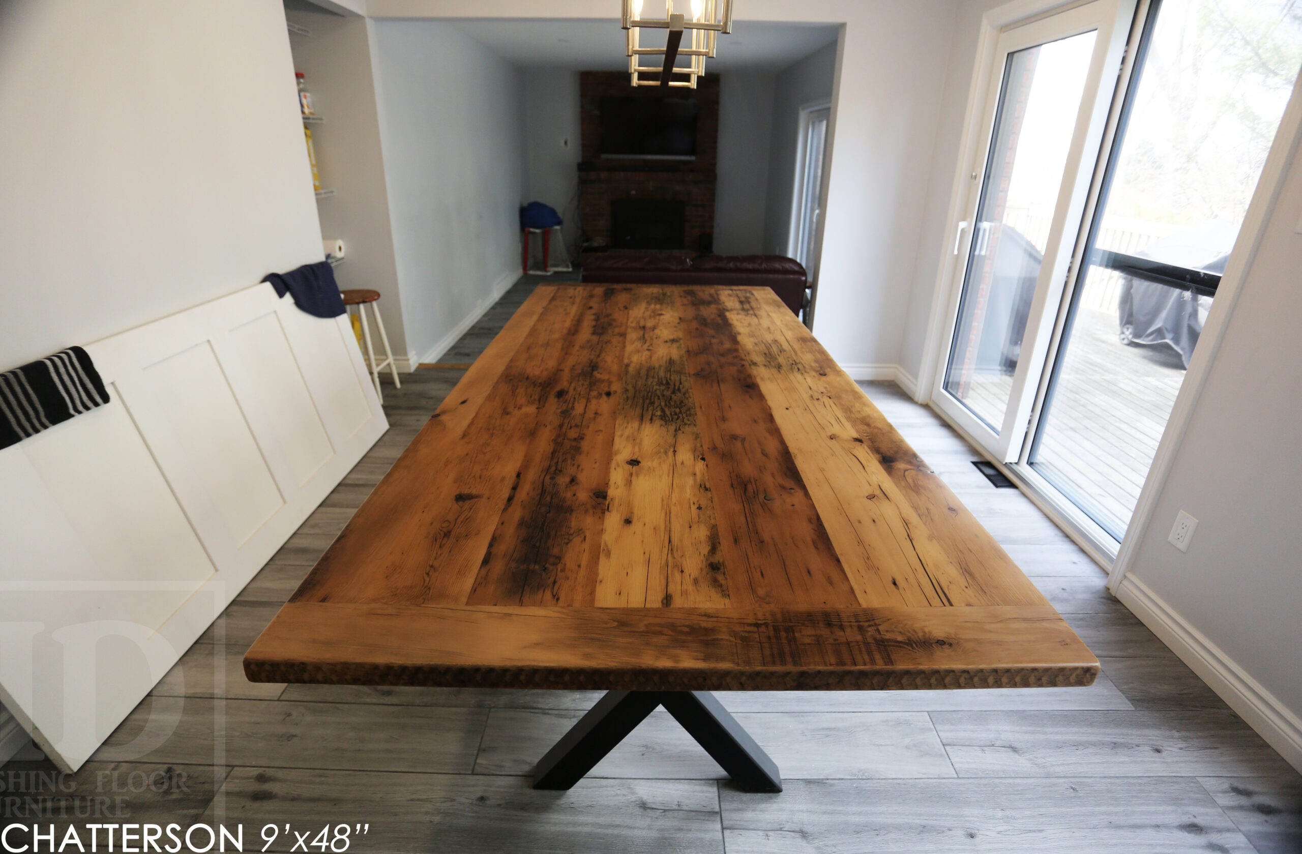 9' Reclaimed Wood Table for an Ancaster home - 48" wide - Hemlock Threshing Floor 2" Barnwood Top - Black X Shaped Metal Base - Original edges & distressing maintained - Premium epoxy + matte polyurethane finish - Greytone Treatment Option to maintain colour of unfinished - www.table.ca