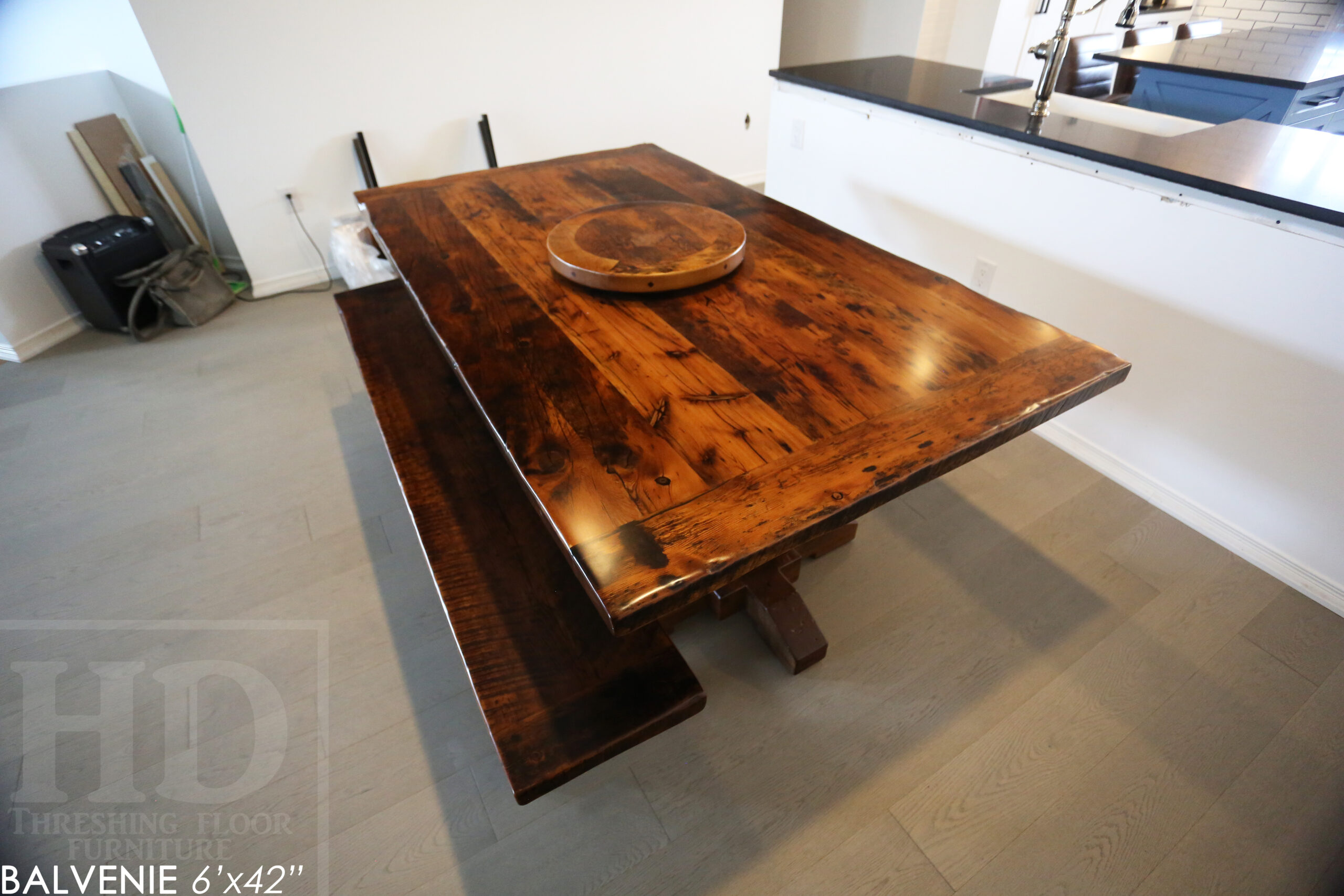 6' Reclaimed Wood Table for a Caledonia Home - 42" wide - Hand-Hewn Beam Pedestals Base - Hemlock Threshing Floor Construction - Original edges & distressing maintained - Premium epoxy + satin polyurethane finish - Two 12" Leaf Extensions - 18" Round Lazy Susan - 6' reclaimed wood bench / www.table.ca