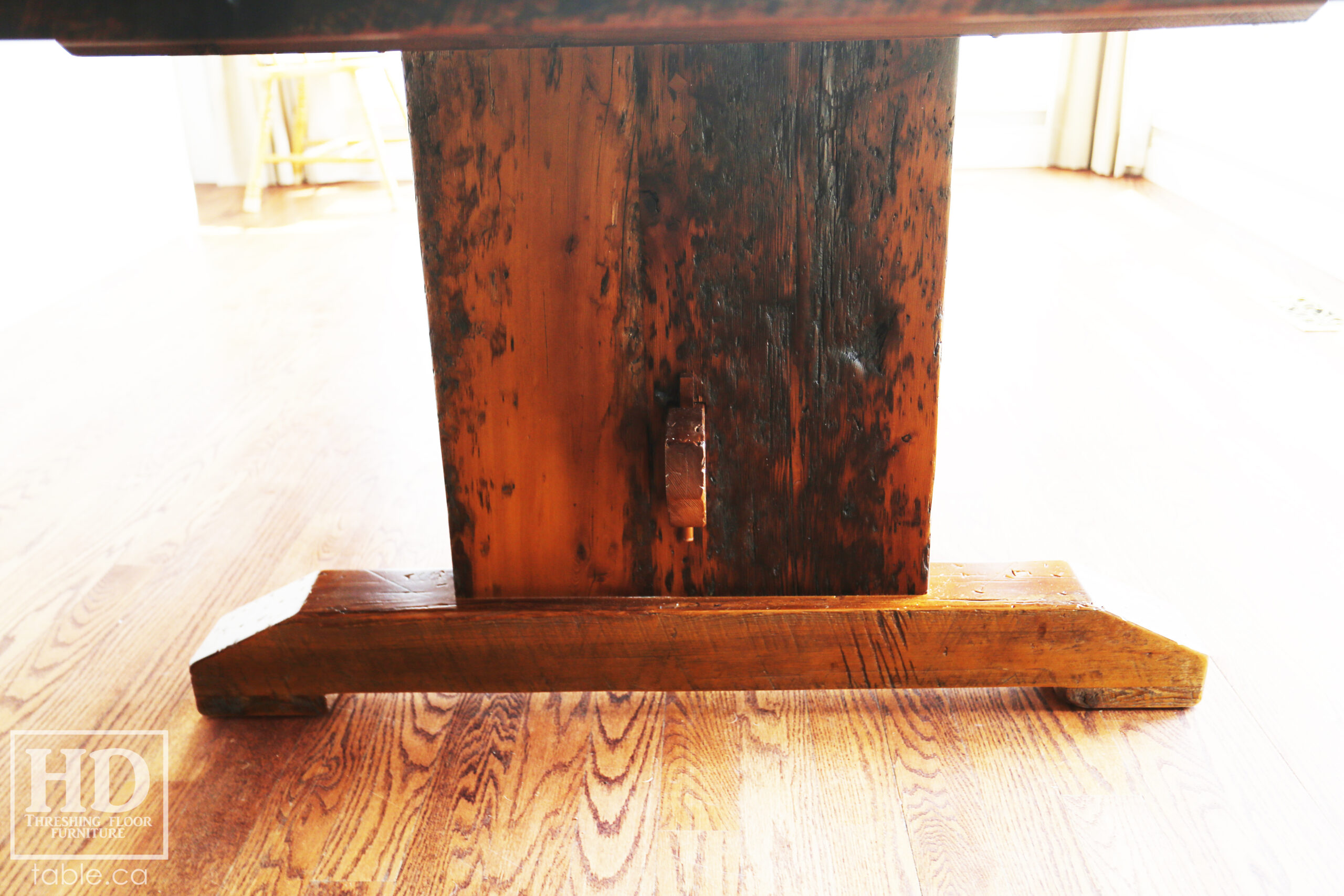 10' Reclaimed Wood Trestle Table we made for a Cambridge, Ontario home - 48" wide - Hemlock Ontario Barnwood Threshing Floor 2" Construction - Original edges & distressing maintained - Premium epoxy + satin polyurethane finish - www.table.ca