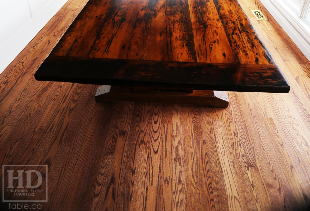 10' Reclaimed Wood Trestle Table we made for a Cambridge, Ontario home - 48" wide - Hemlock Ontario Barnwood Threshing Floor 2" Construction - Original edges & distressing maintained - Premium epoxy + satin polyurethane finish - www.table.ca
