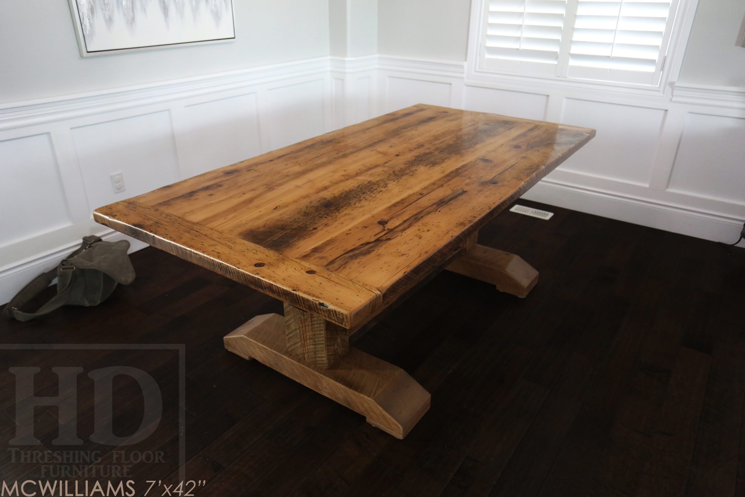7' Reclaimed Wood Pedestal Table we made for a Cambridge, Ontario home - 42" wide - Beam Posts + Rail Option - Old Growth Hemlock Threshing Floor Construction - Original edges & distressing maintained - Greytone Treatment Option - Premium epoxy + satin polyurethane finish - Two 18" leaves [making total length 10 ft when extended] - www.table.ca