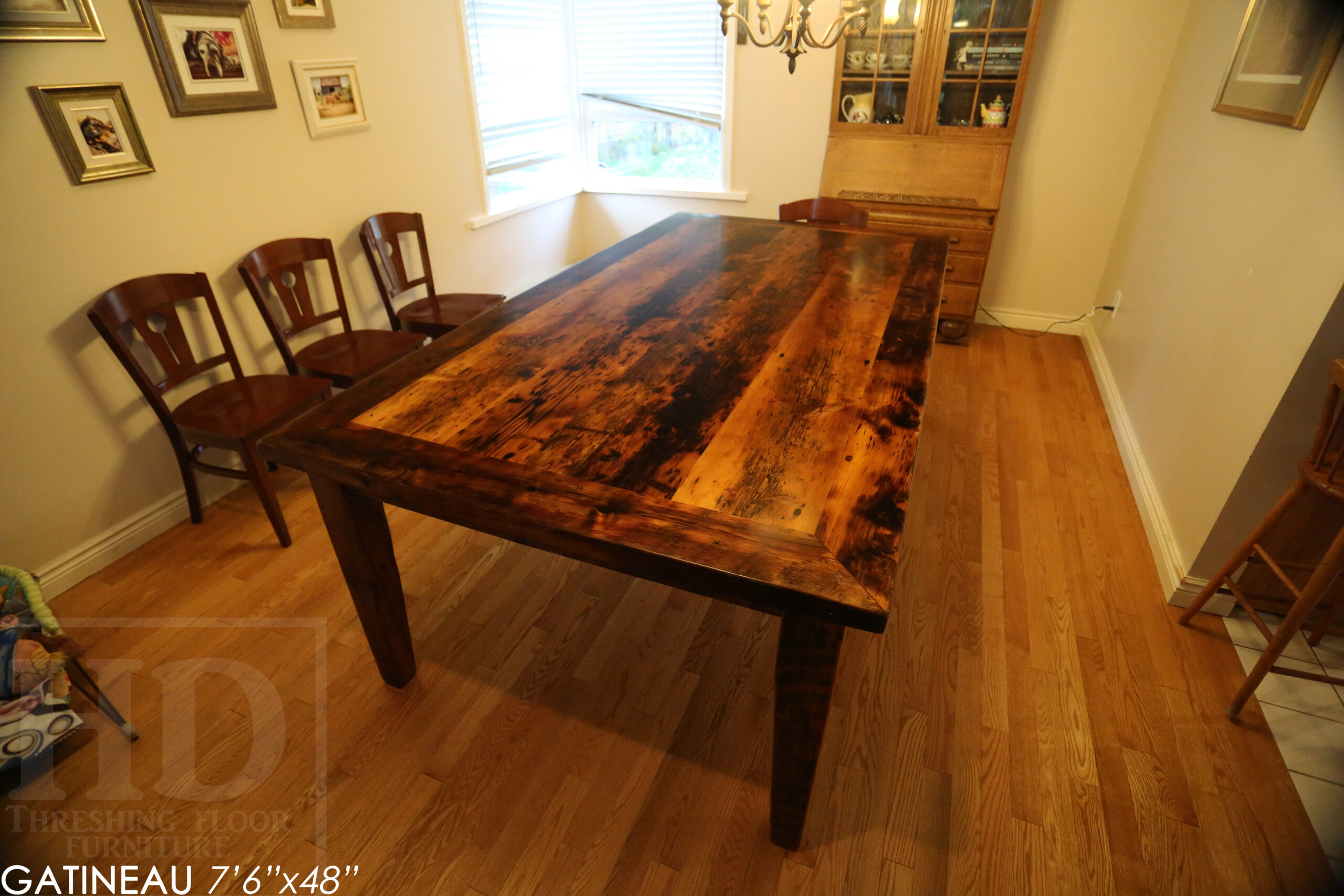 7' 6" Reclaimed Wood Harvest Table we made for a Gatineau, Quebec home - 48" wide - Tapered with a Notch Windbrace Beam Legs - Hemlock Ontario Barnwood Threshing Floor 2" Top - Original edges & distressing maintained - Premium epoxy + matte polyurethane finish - www.table.ca
