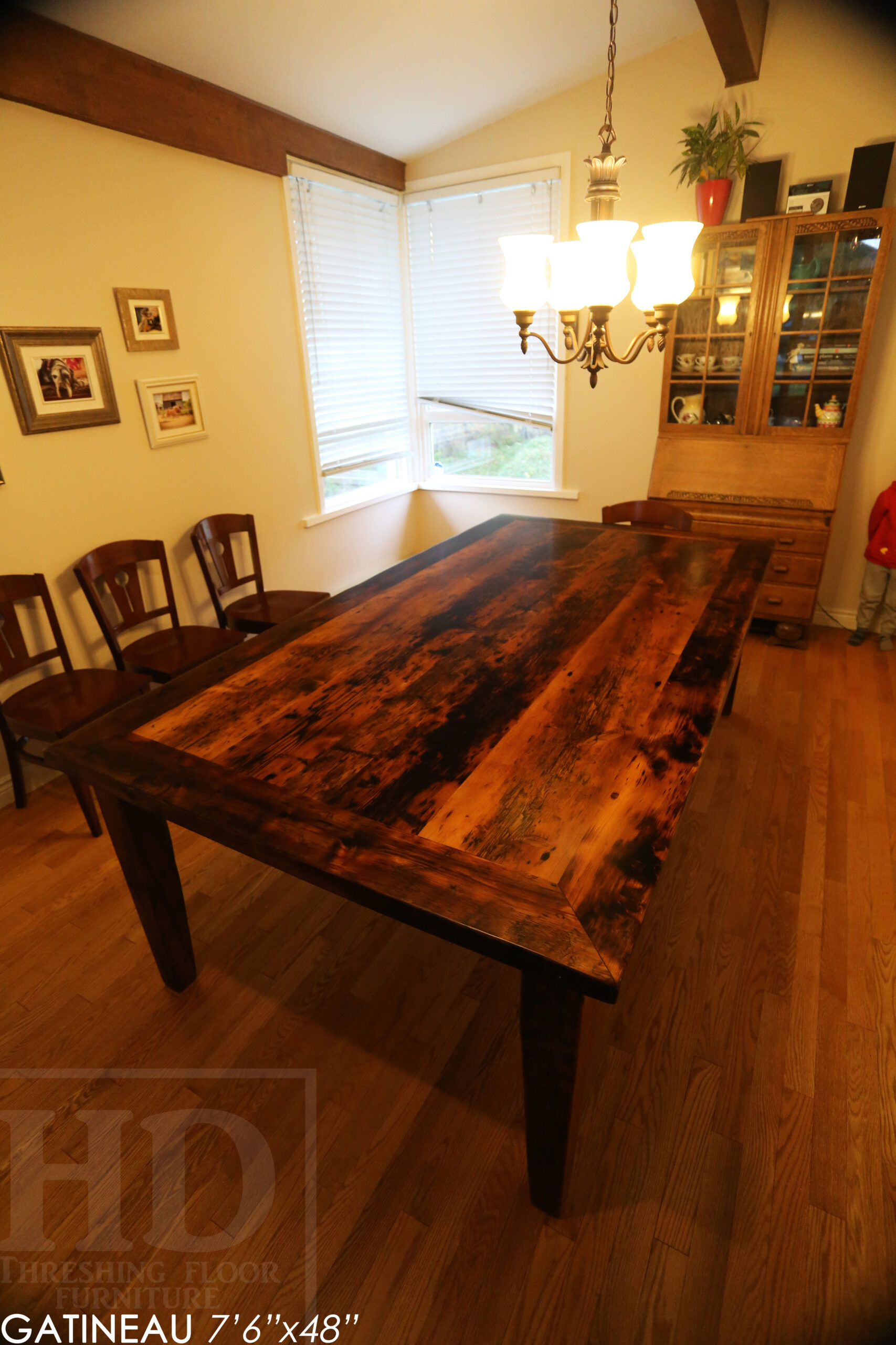 7' 6" Reclaimed Wood Harvest Table we made for a Gatineau, Quebec home - 48" wide - Tapered with a Notch Windbrace Beam Legs - Hemlock Ontario Barnwood Threshing Floor 2" Top - Original edges & distressing maintained - Premium epoxy + matte polyurethane finish - www.table.ca