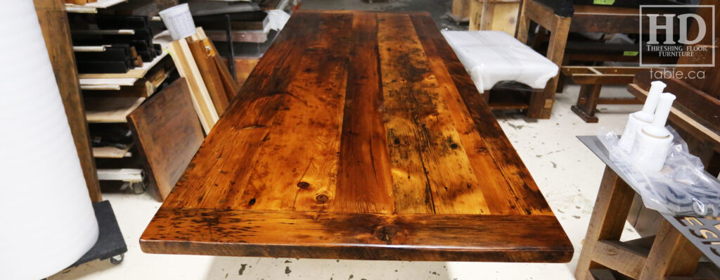 Custom Reclaimed Wood Table Tops - Hemlock Barnwood Threshing Floor 2" thick Construction - Original edges & distressing kept - Premium clearcoat epoxy + satin polyurethane finish - www.table.ca