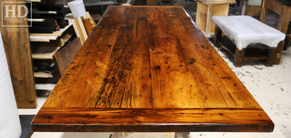 Custom Reclaimed Wood Table Tops - Hemlock Barnwood Threshing Floor 2" thick Construction - Original edges & distressing kept - Premium clearcoat epoxy + satin polyurethane finish - www.table.ca
