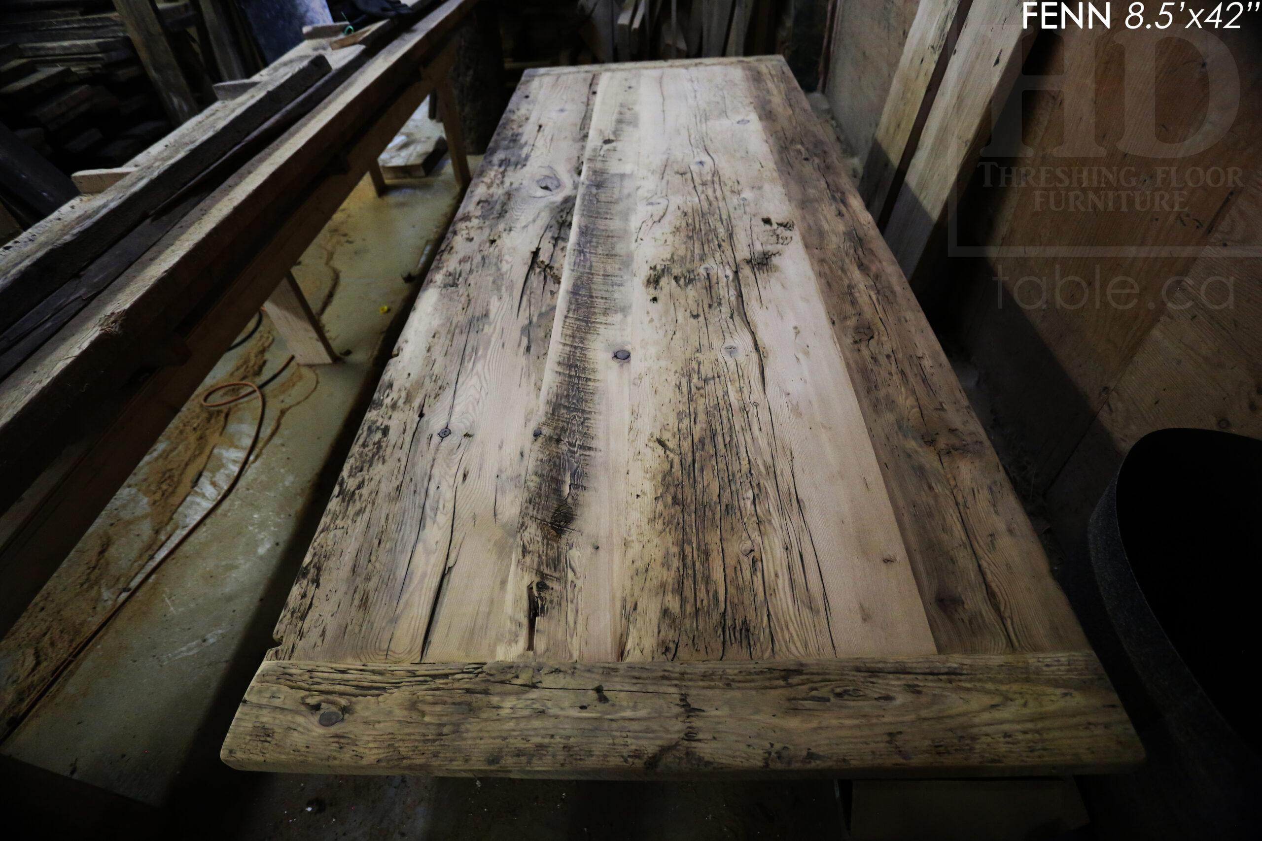 Details: 8.5' Reclaimed Wood Table we made for a Toronto home - 42" wide - Hemlock Threshing Floor Construction - Original barnwood edges & distressing maintained - Premium epoxy + matte polyurethane finish - Matte black metal base - www.table.ca