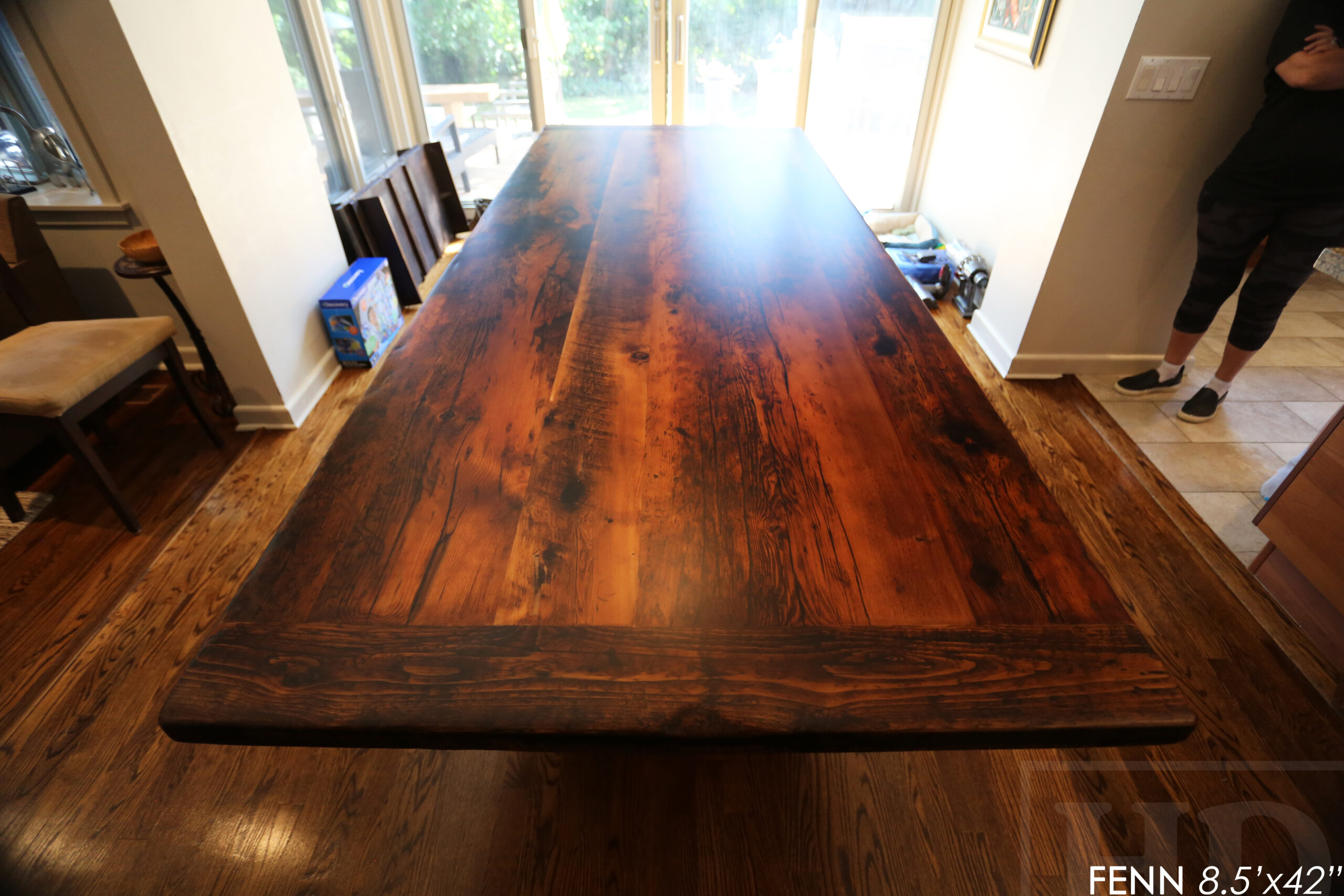 Details: 8.5' Reclaimed Wood Table we made for a Toronto home - 42" wide - Hemlock Threshing Floor Construction - Original barnwood edges & distressing maintained - Premium epoxy + matte polyurethane finish - Matte black metal base - www.table.ca