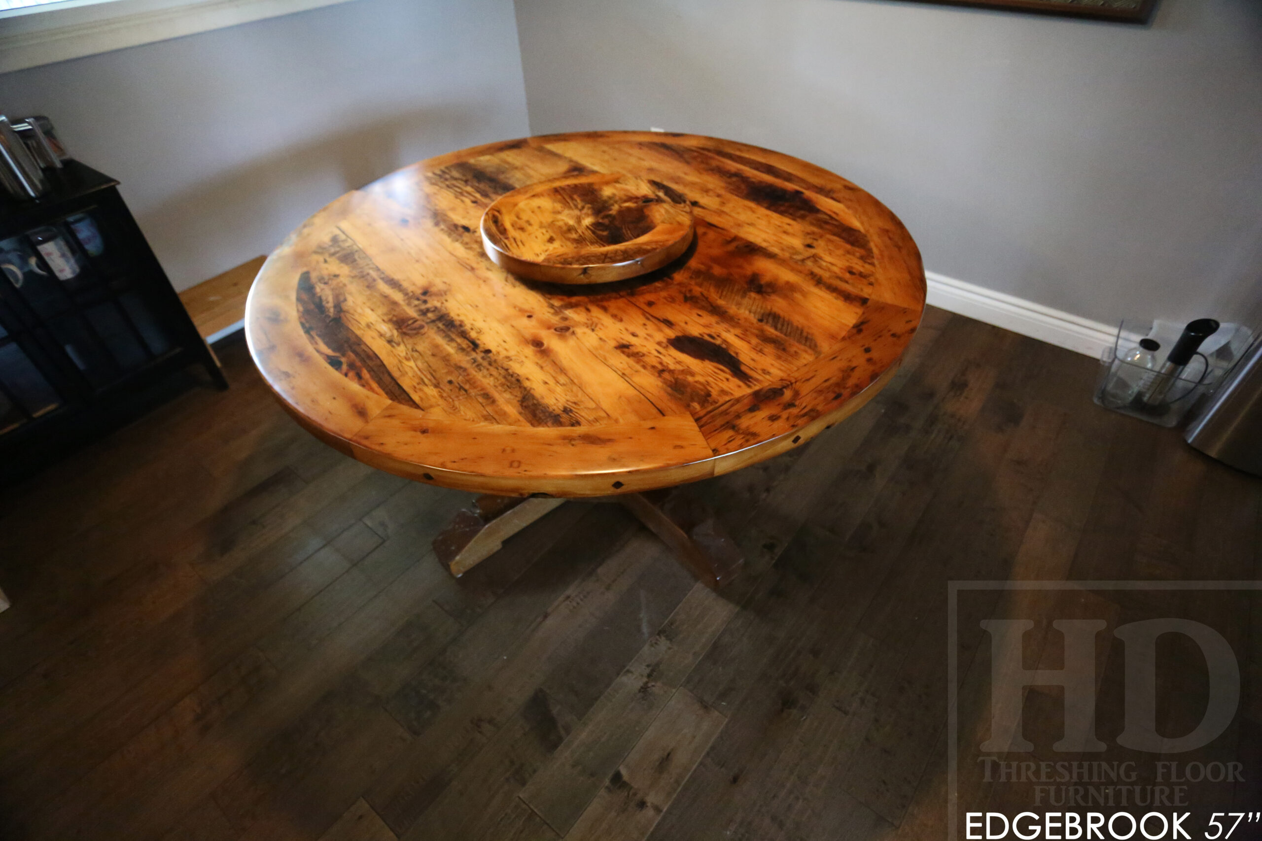 57" Reclaimed Wood Round Table we made for a Waterloo home - Hemlock Threshing Floor 2" Top - Original edges & distressing maintained - Cedar Hydro pole base - Premium epoxy + satin polyurethane finish / www.table.ca