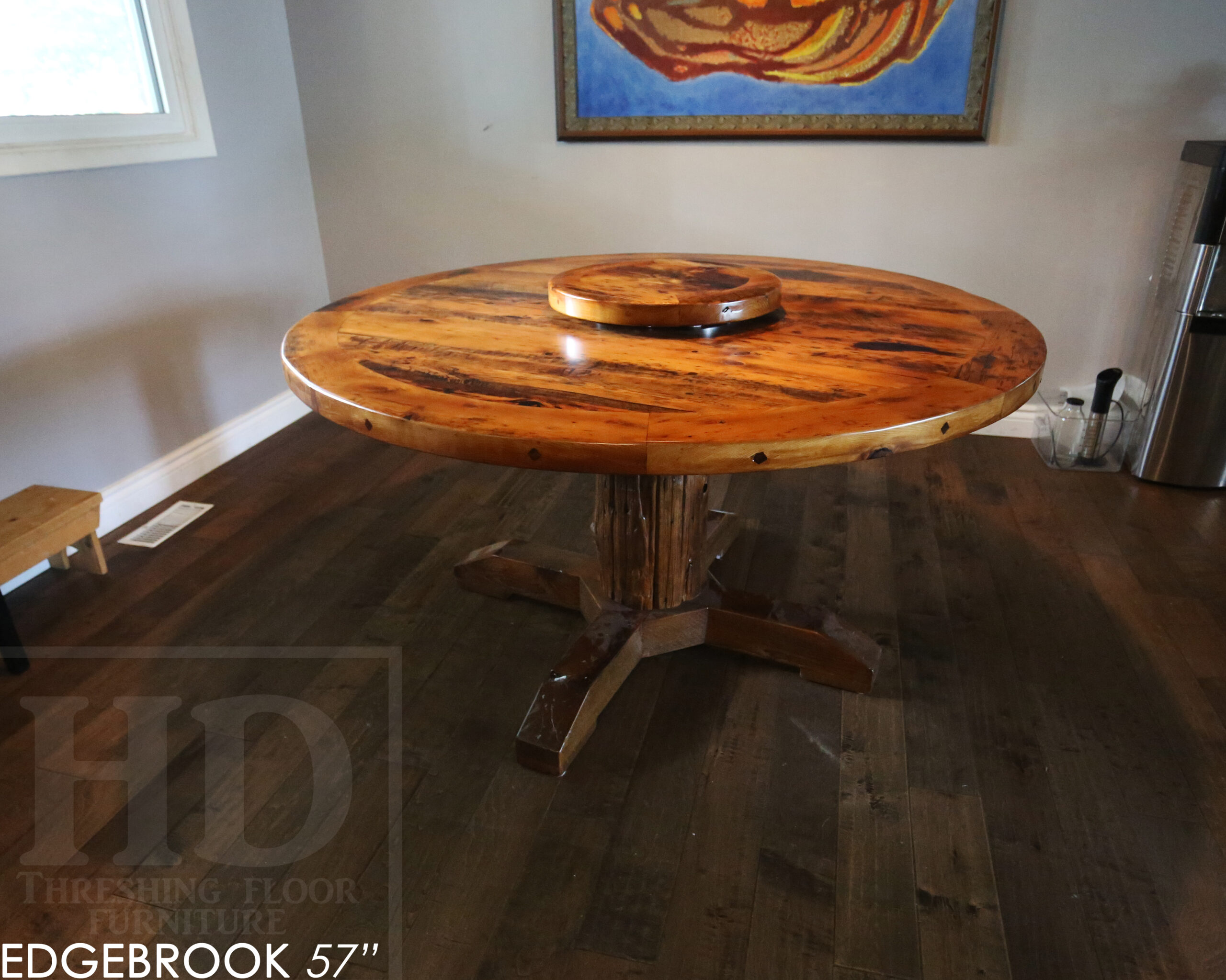 57" Reclaimed Wood Round Table we made for a Waterloo home - Hemlock Threshing Floor 2" Top - Original edges & distressing maintained - Cedar Hydro pole base - Premium epoxy + satin polyurethane finish / www.table.ca