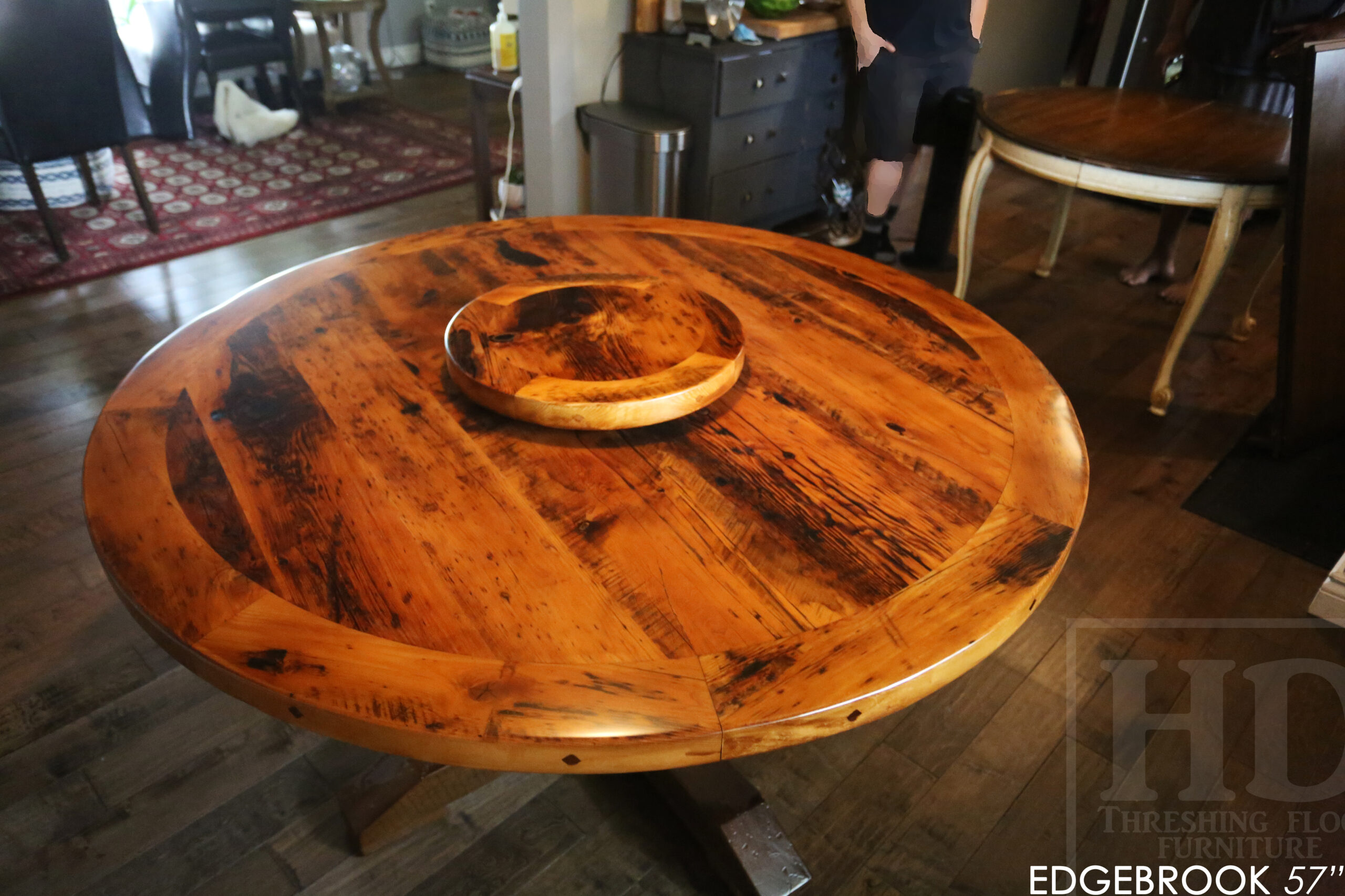 57" Reclaimed Wood Round Table we made for a Waterloo home - Hemlock Threshing Floor 2" Top - Original edges & distressing maintained - Cedar Hydro pole base - Premium epoxy + satin polyurethane finish / www.table.ca