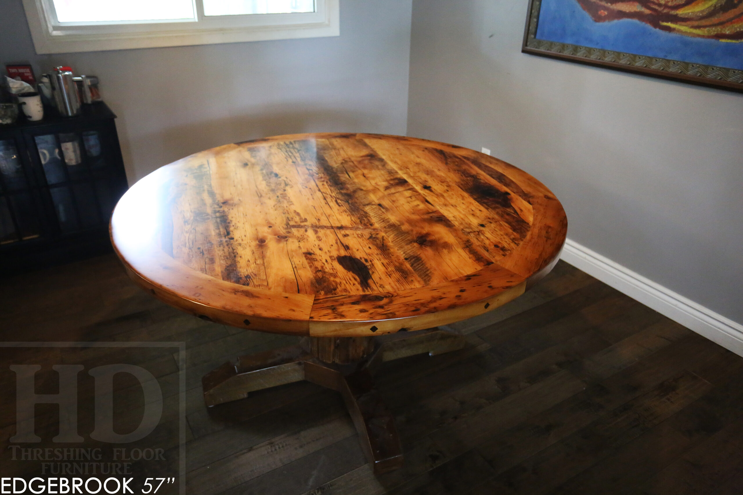 57" Reclaimed Wood Round Table we made for a Waterloo home - Hemlock Threshing Floor 2" Top - Original edges & distressing maintained - Cedar Hydro pole base - Premium epoxy + satin polyurethane finish / www.table.ca