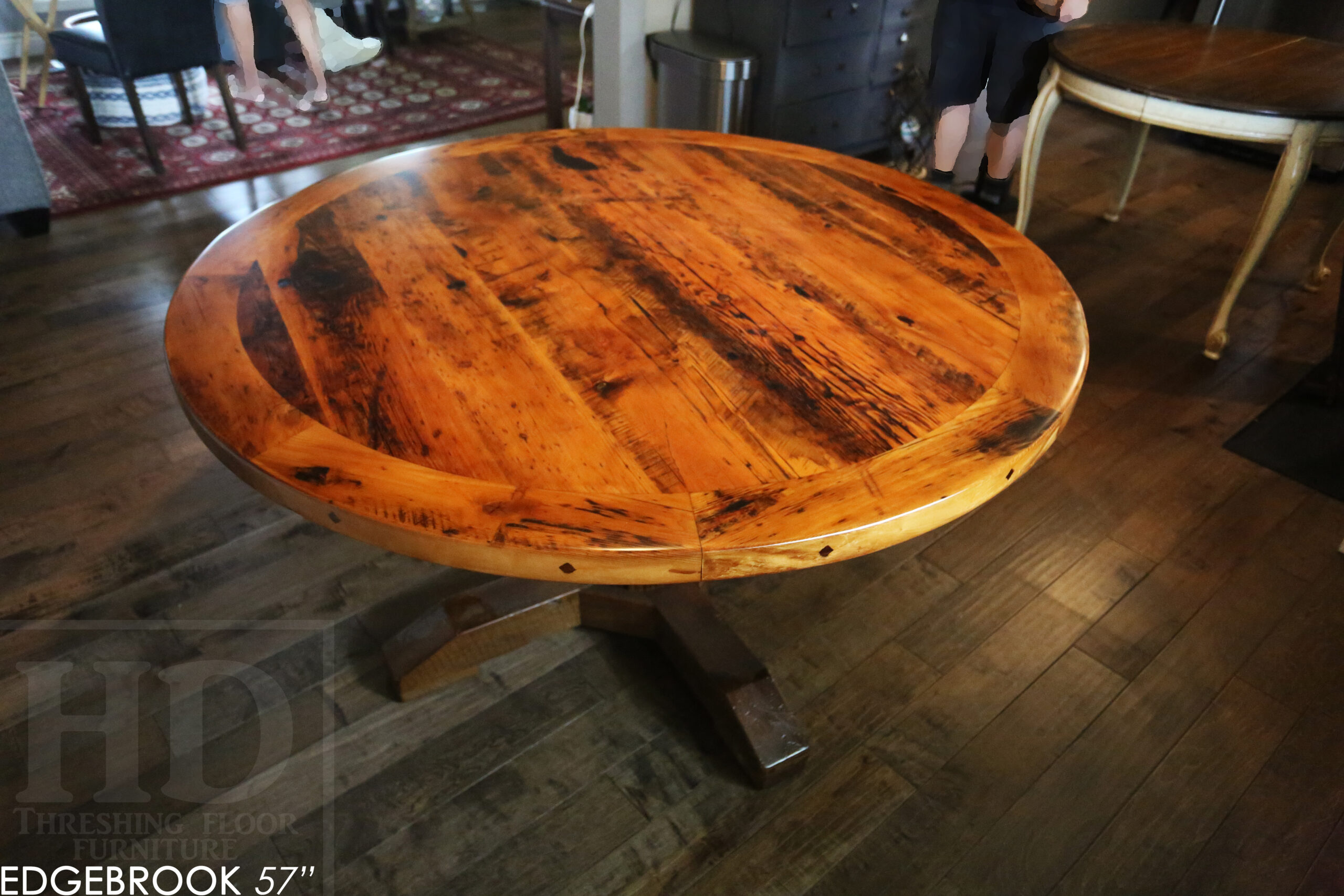 57" Reclaimed Wood Round Table we made for a Waterloo home - Hemlock Threshing Floor 2" Top - Original edges & distressing maintained - Cedar Hydro pole base - Premium epoxy + satin polyurethane finish / www.table.ca