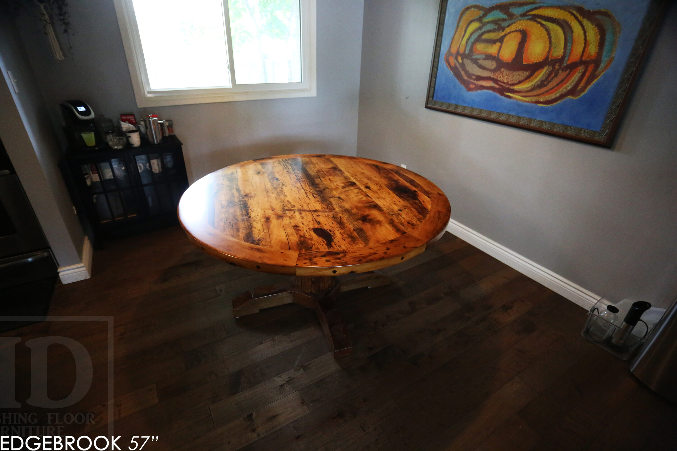 57" Reclaimed Wood Round Table we made for a Waterloo home - Hemlock Threshing Floor 2" Top - Original edges & distressing maintained - Cedar Hydro pole base - Premium epoxy + satin polyurethane finish / www.table.ca