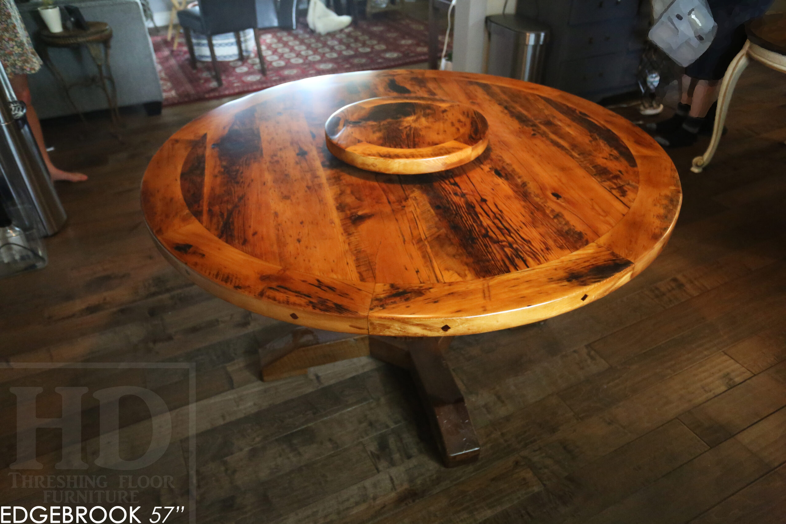 57" Reclaimed Wood Round Table we made for a Waterloo home - Hemlock Threshing Floor 2" Top - Original edges & distressing maintained - Cedar Hydro pole base - Premium epoxy + satin polyurethane finish / www.table.ca