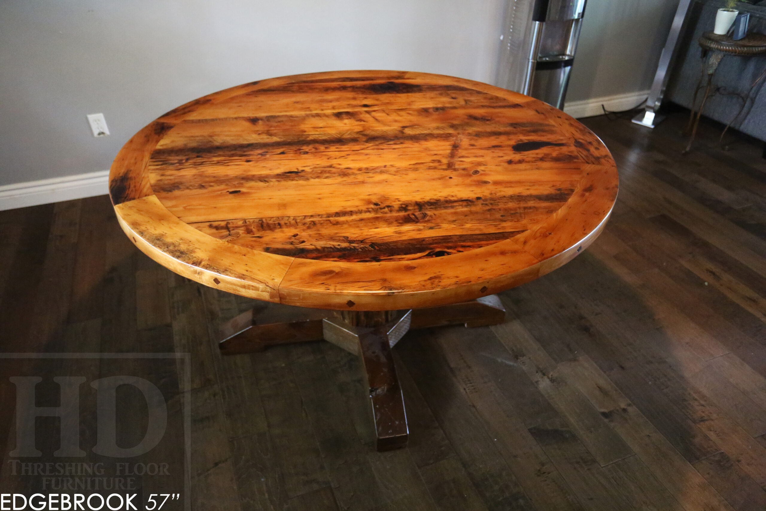 57" Reclaimed Wood Round Table we made for a Waterloo home - Hemlock Threshing Floor 2" Top - Original edges & distressing maintained - Cedar Hydro pole base - Premium epoxy + satin polyurethane finish / www.table.ca