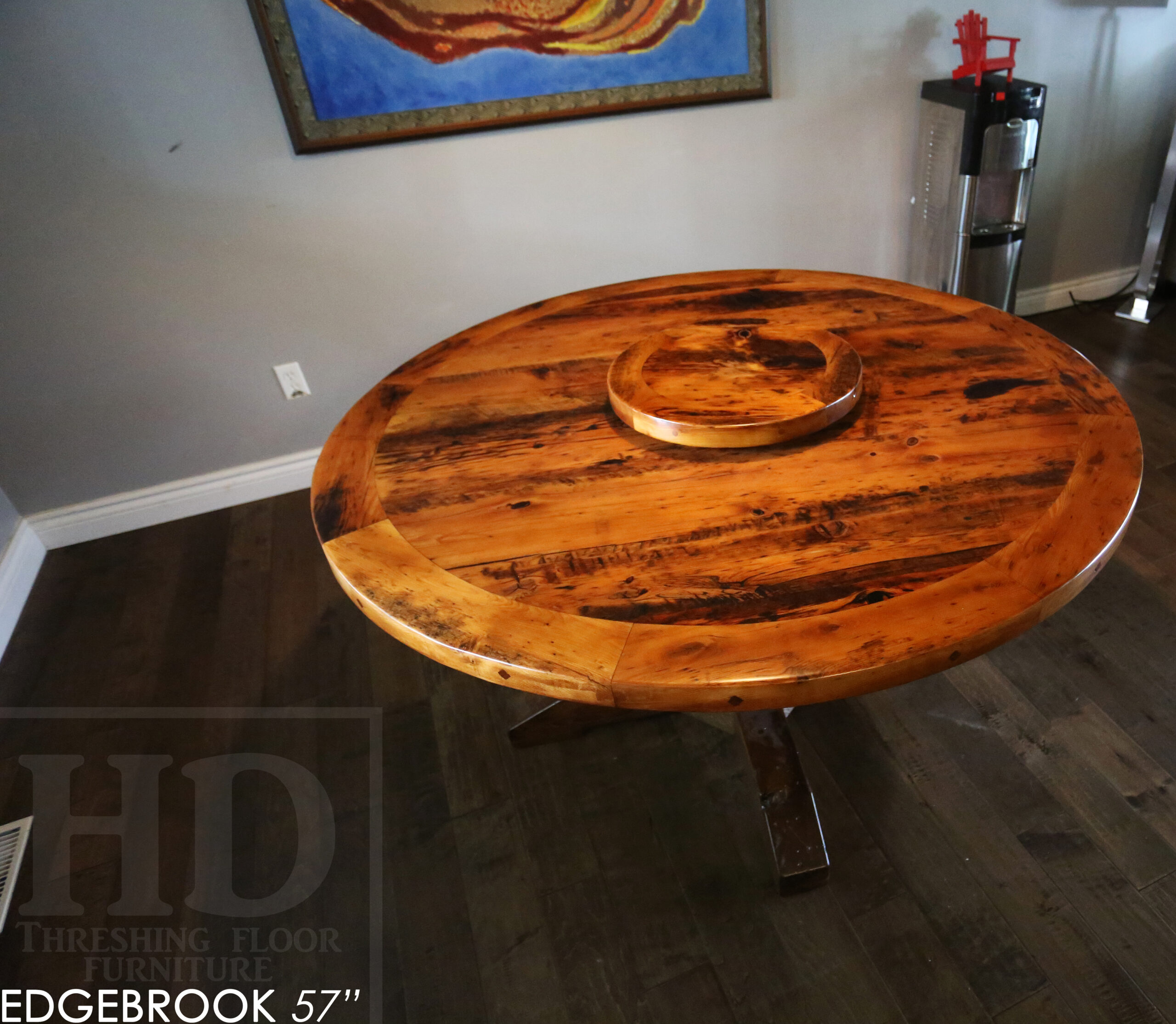 57" Reclaimed Wood Round Table we made for a Waterloo home - Hemlock Threshing Floor 2" Top - Original edges & distressing maintained - Cedar Hydro pole base - Premium epoxy + satin polyurethane finish / www.table.ca