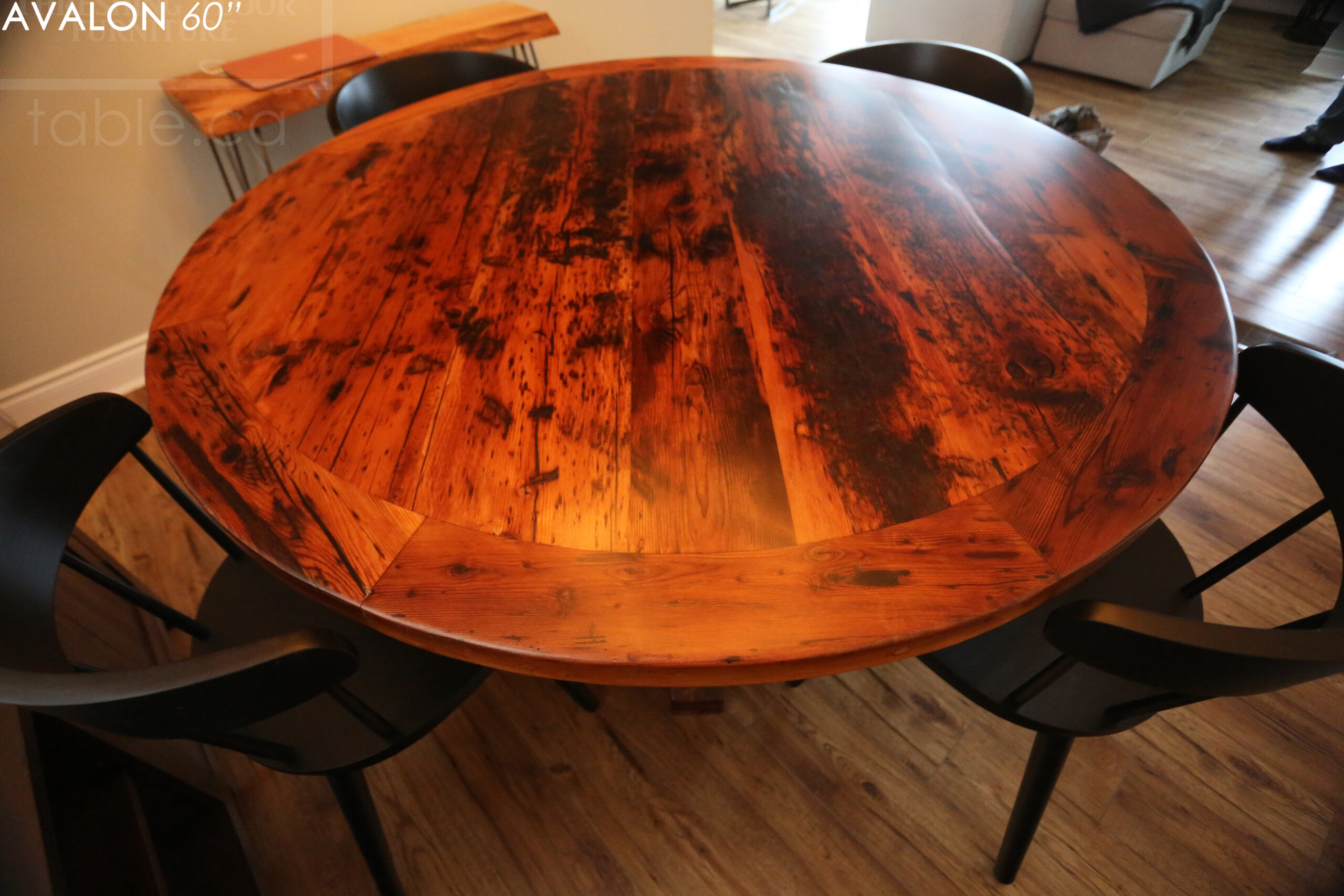 60" Round Reclaimed Wood Table - Hand-Hewn Beam Base - Hemlock Threshing Floor 2" Top - Original edges & distressing maintained - Premium epoxy clearcoat [medium thickness] + satin polyurethane finish - www.table.ca