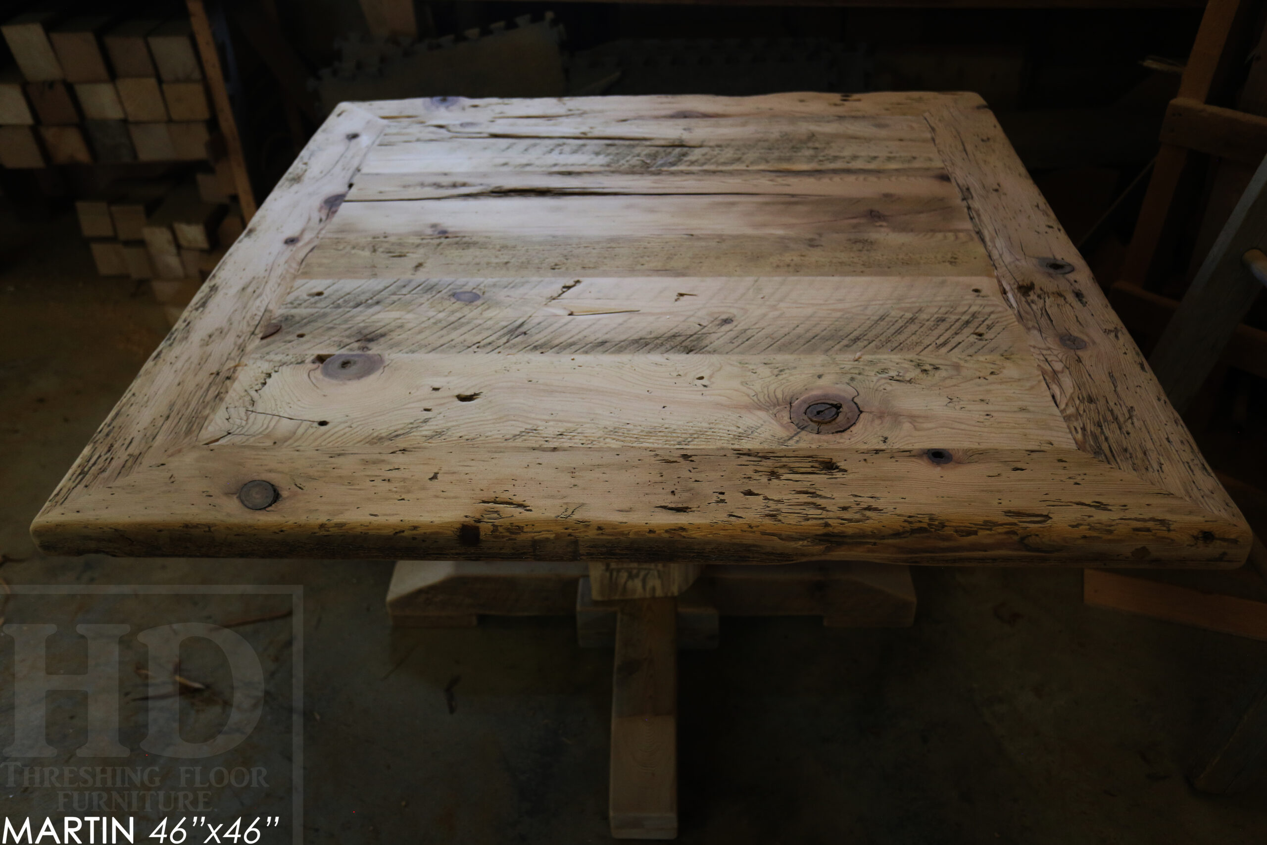 48" x 48" Reclaimed Wood Sqaure Table we made for a Burlington home - 28" height - Mitred Corners - Hand-Hewn Beam Pedestals Base - Original edges & distressing maintained - Hemlock Threshing Floor Construction - Greytone Treatment Option to maintain the light colour of unfinished - www.table.ca