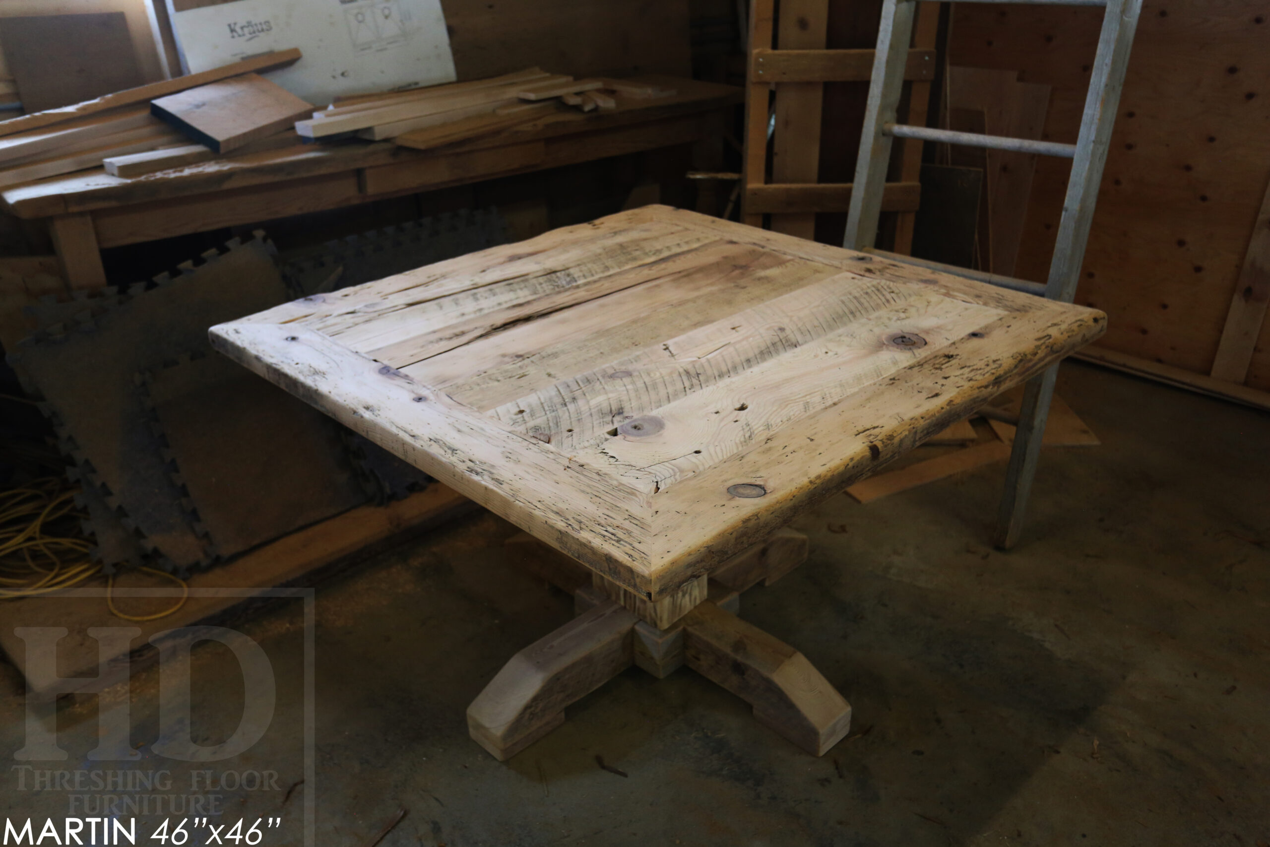 48" x 48" Reclaimed Wood Sqaure Table we made for a Burlington home - 28" height - Mitred Corners - Hand-Hewn Beam Pedestals Base - Original edges & distressing maintained - Hemlock Threshing Floor Construction - Greytone Treatment Option to maintain the light colour of unfinished - www.table.ca