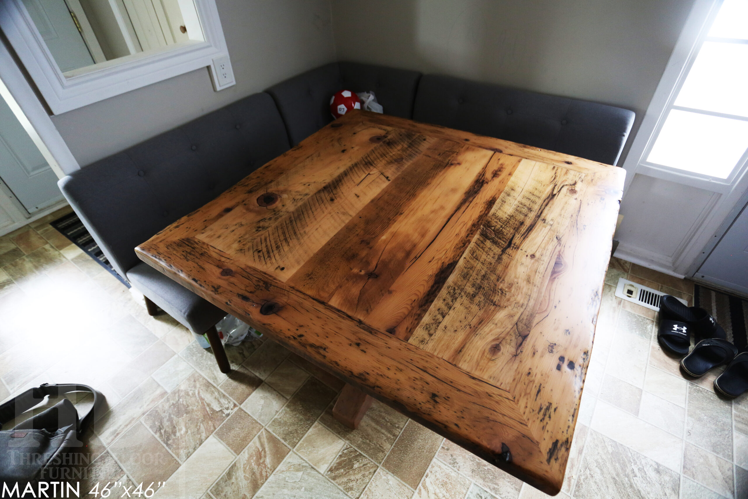 48" x 48" Reclaimed Wood Sqaure Table we made for a Burlington home - 28" height - Mitred Corners - Hand-Hewn Beam Pedestals Base - Original edges & distressing maintained - Hemlock Threshing Floor Construction - Greytone Treatment Option to maintain the light colour of unfinished - www.table.ca