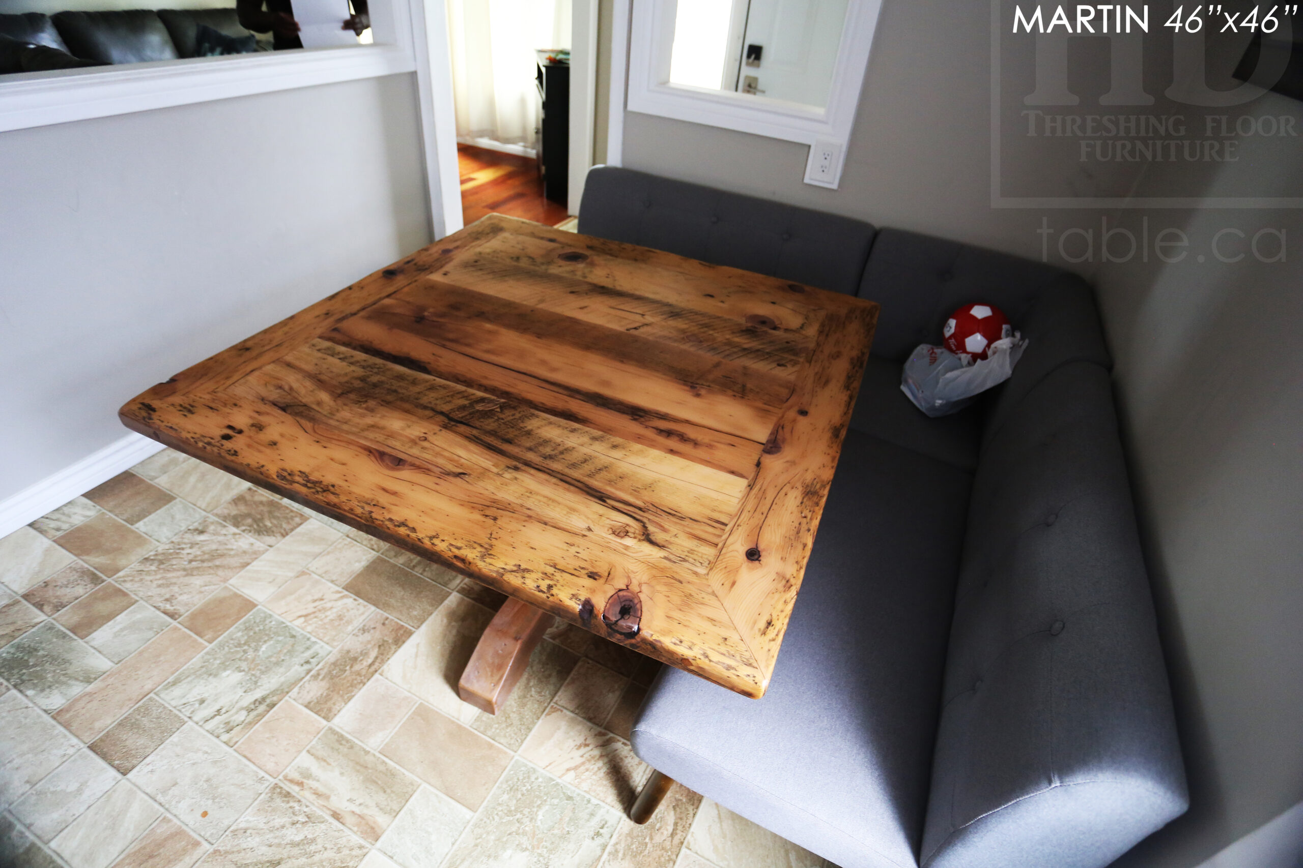 48" x 48" Reclaimed Wood Sqaure Table we made for a Burlington home - 28" height - Mitred Corners - Hand-Hewn Beam Pedestals Base - Original edges & distressing maintained - Hemlock Threshing Floor Construction - Greytone Treatment Option to maintain the light colour of unfinished - www.table.ca