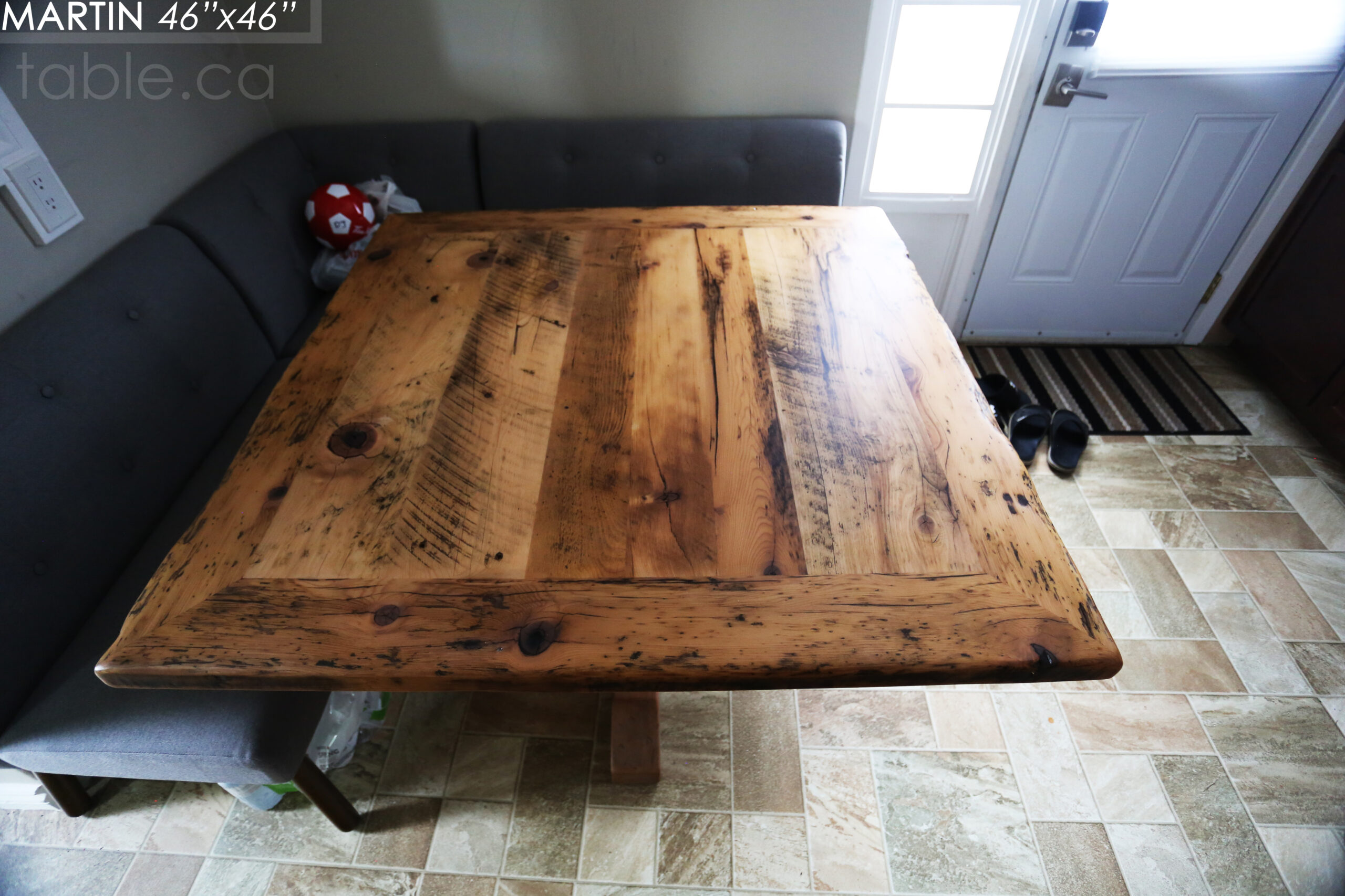 48" x 48" Reclaimed Wood Sqaure Table we made for a Burlington home - 28" height - Mitred Corners - Hand-Hewn Beam Pedestals Base - Original edges & distressing maintained - Hemlock Threshing Floor Construction - Greytone Treatment Option to maintain the light colour of unfinished - www.table.ca