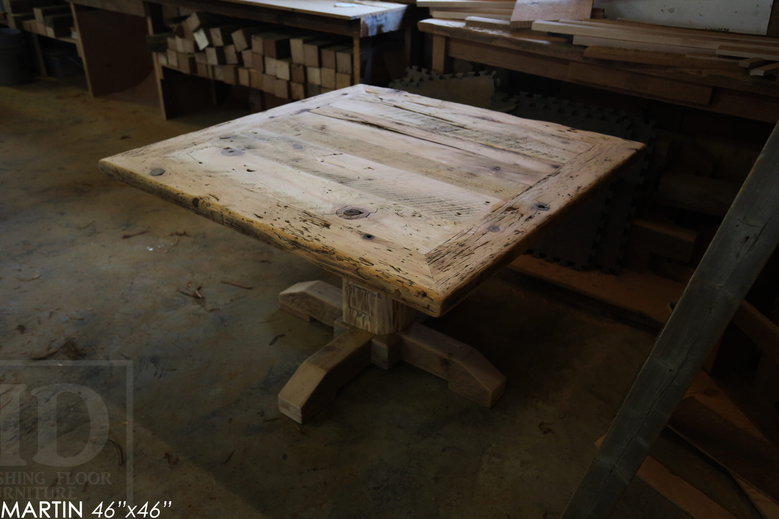 48" x 48" Reclaimed Wood Sqaure Table we made for a Burlington home - 28" height - Mitred Corners - Hand-Hewn Beam Pedestals Base - Original edges & distressing maintained - Hemlock Threshing Floor Construction - Greytone Treatment Option to maintain the light colour of unfinished - www.table.ca