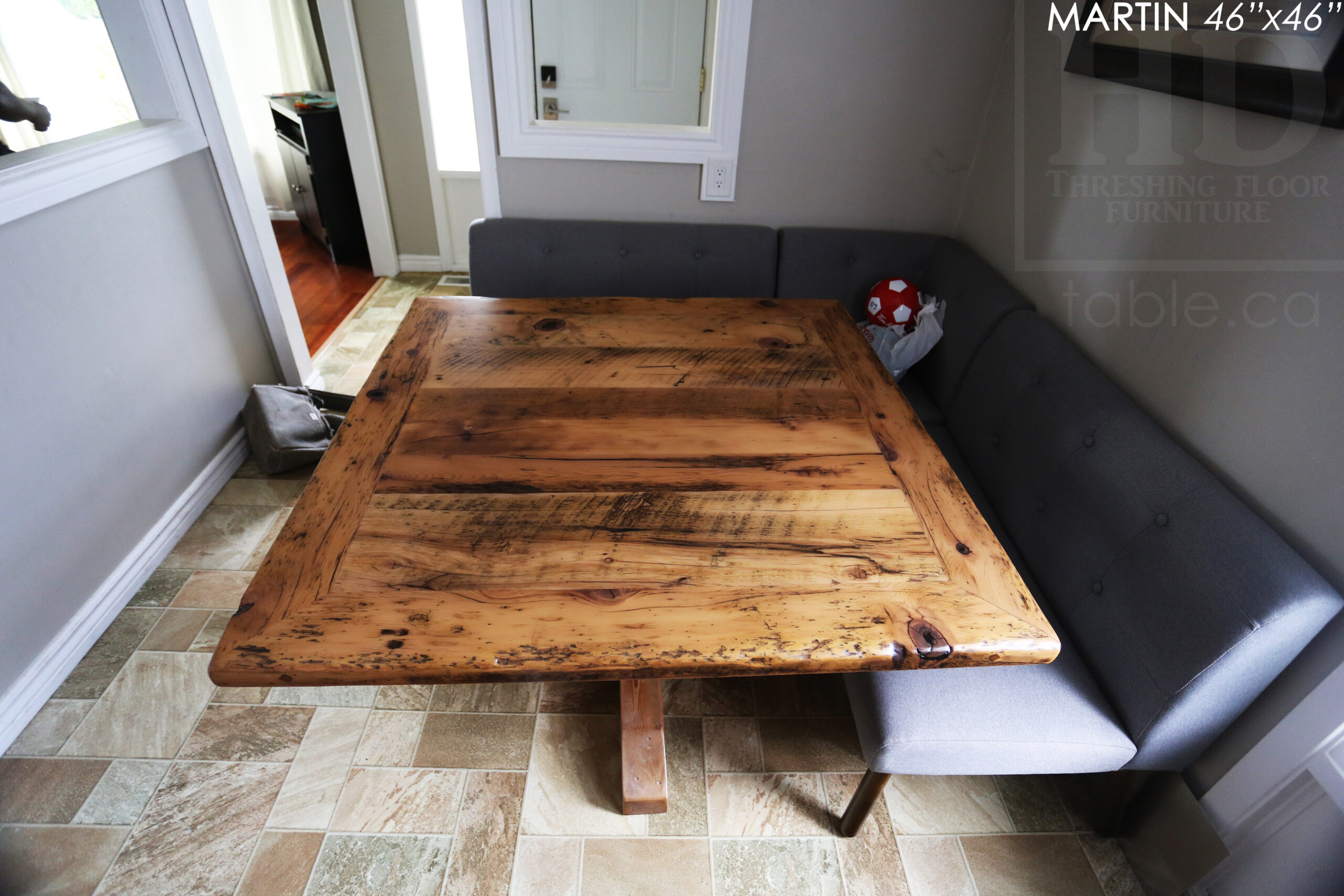 48" x 48" Reclaimed Wood Sqaure Table we made for a Burlington home - 28" height - Mitred Corners - Hand-Hewn Beam Pedestals Base - Original edges & distressing maintained - Hemlock Threshing Floor Construction - Greytone Treatment Option to maintain the light colour of unfinished - www.table.ca