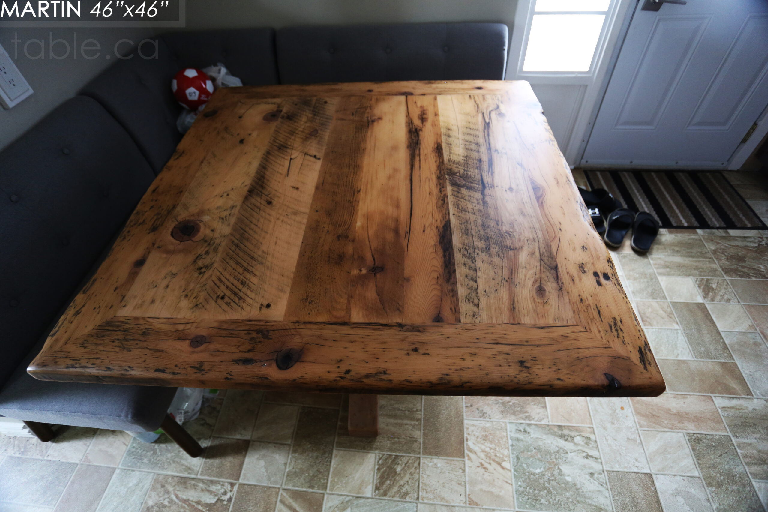 48" x 48" Reclaimed Wood Sqaure Table we made for a Burlington home - 28" height - Mitred Corners - Hand-Hewn Beam Pedestals Base - Original edges & distressing maintained - Hemlock Threshing Floor Construction - Greytone Treatment Option to maintain the light colour of unfinished - www.table.ca