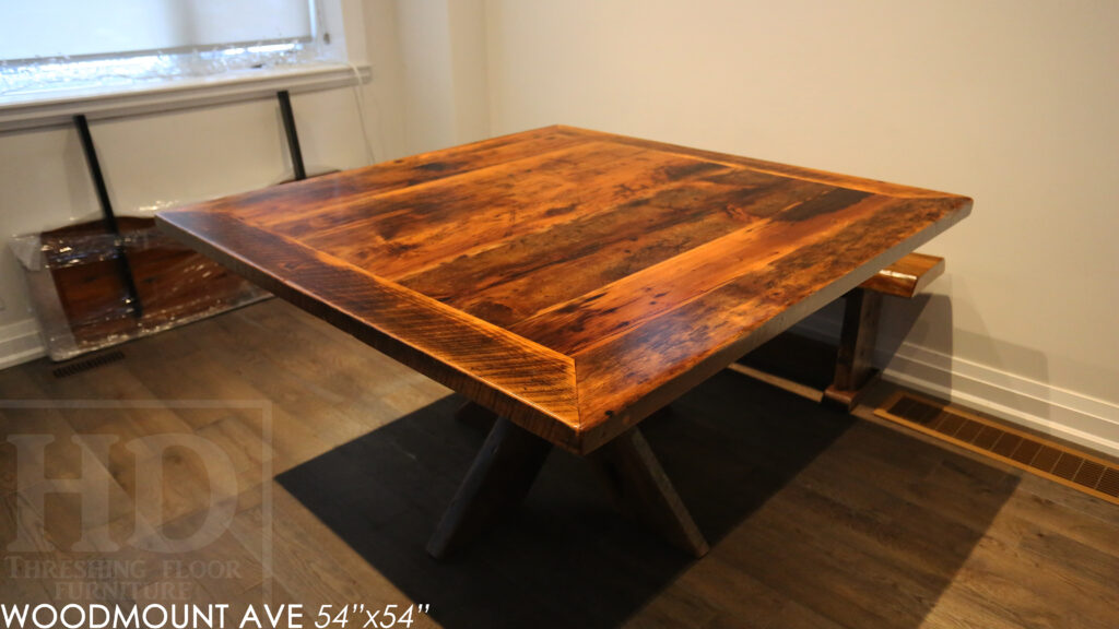 54" x 54" Square Reclaimed Wood Table we made for a Toronto home - X Shaped Base - Hemlock Threshing Floor 2" Construction - Original edges & distressing maintained - Premium epoxy + satin polyurethane finish - www.table.ca