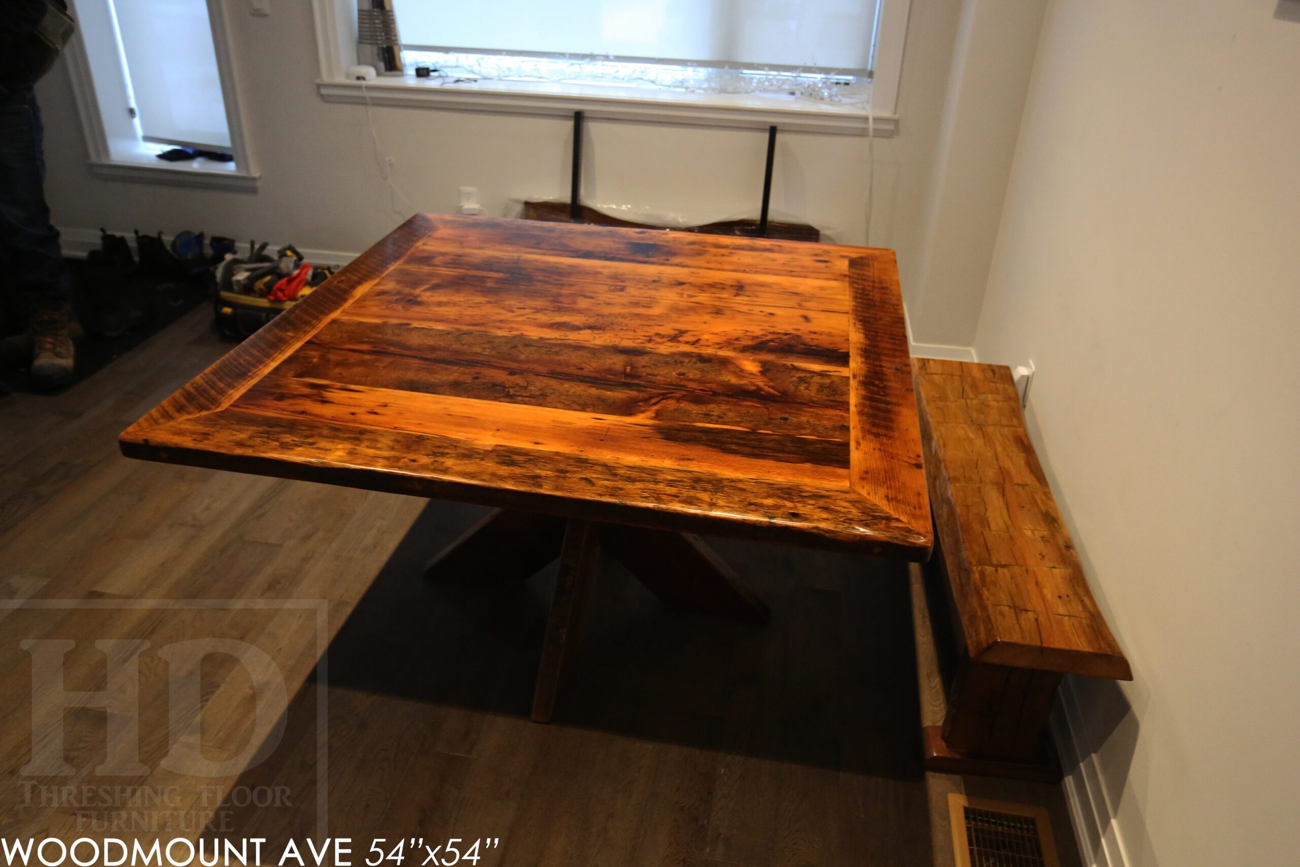 54" x 54" Square Reclaimed Wood Table we made for a Toronto home - X Shaped Base - Hemlock Threshing Floor 2" Construction - Original edges & distressing maintained - Premium epoxy + satin polyurethane finish - www.table.ca